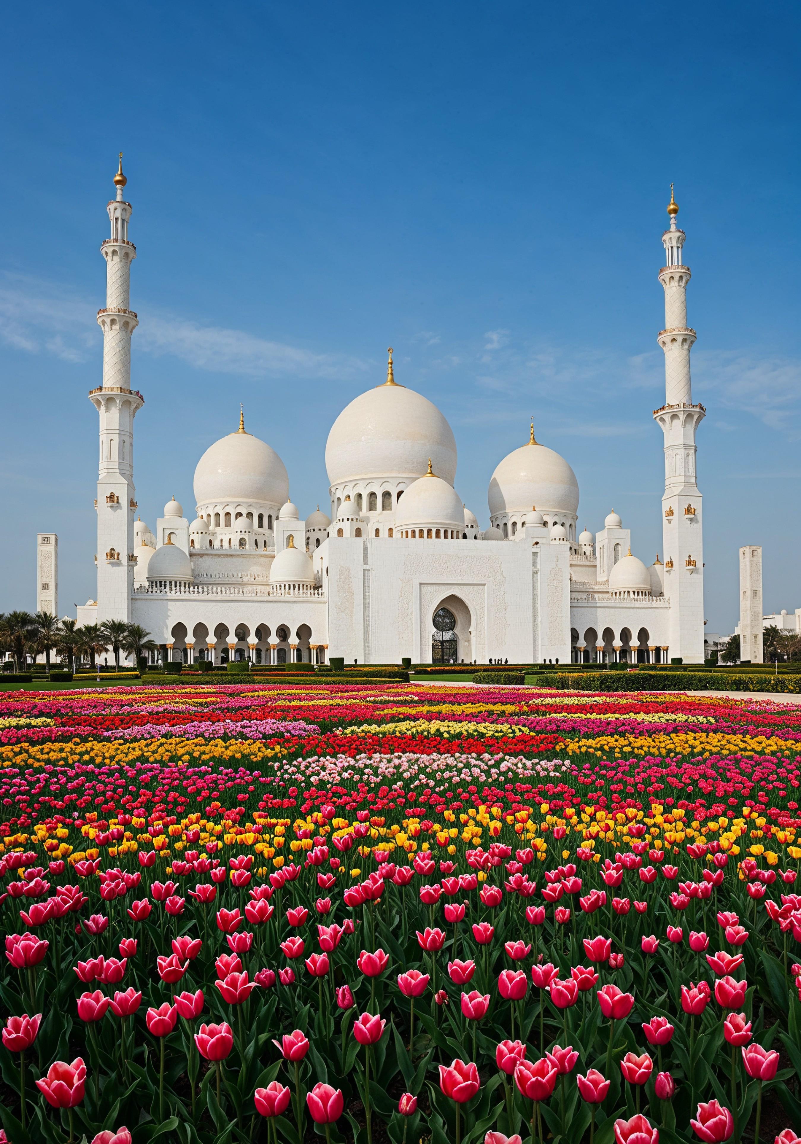 Majestic Islamic Mosque with Colorful Flower Garden Landscape
