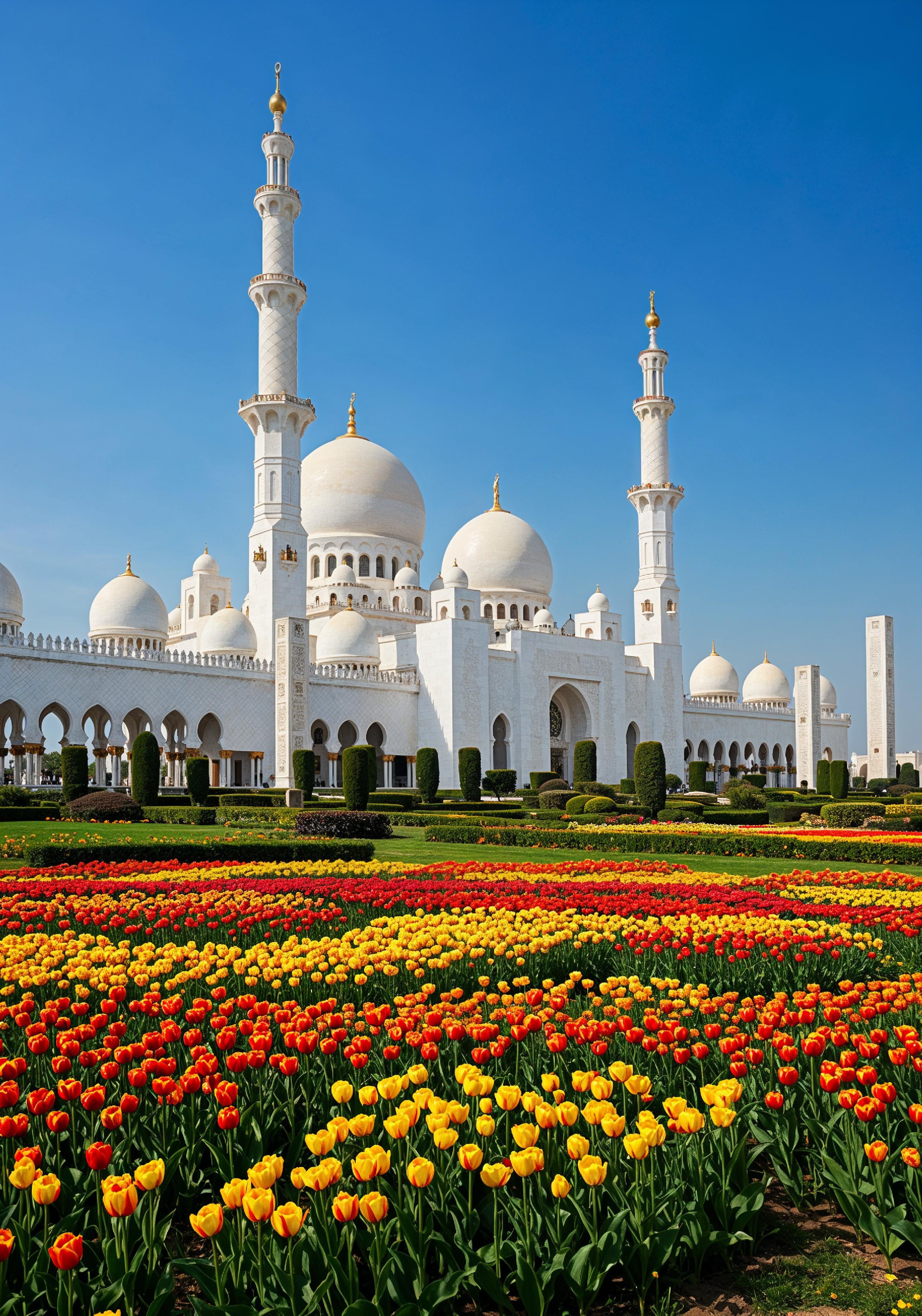 Majestic Islamic Mosque with Colorful Flower Garden Landscape