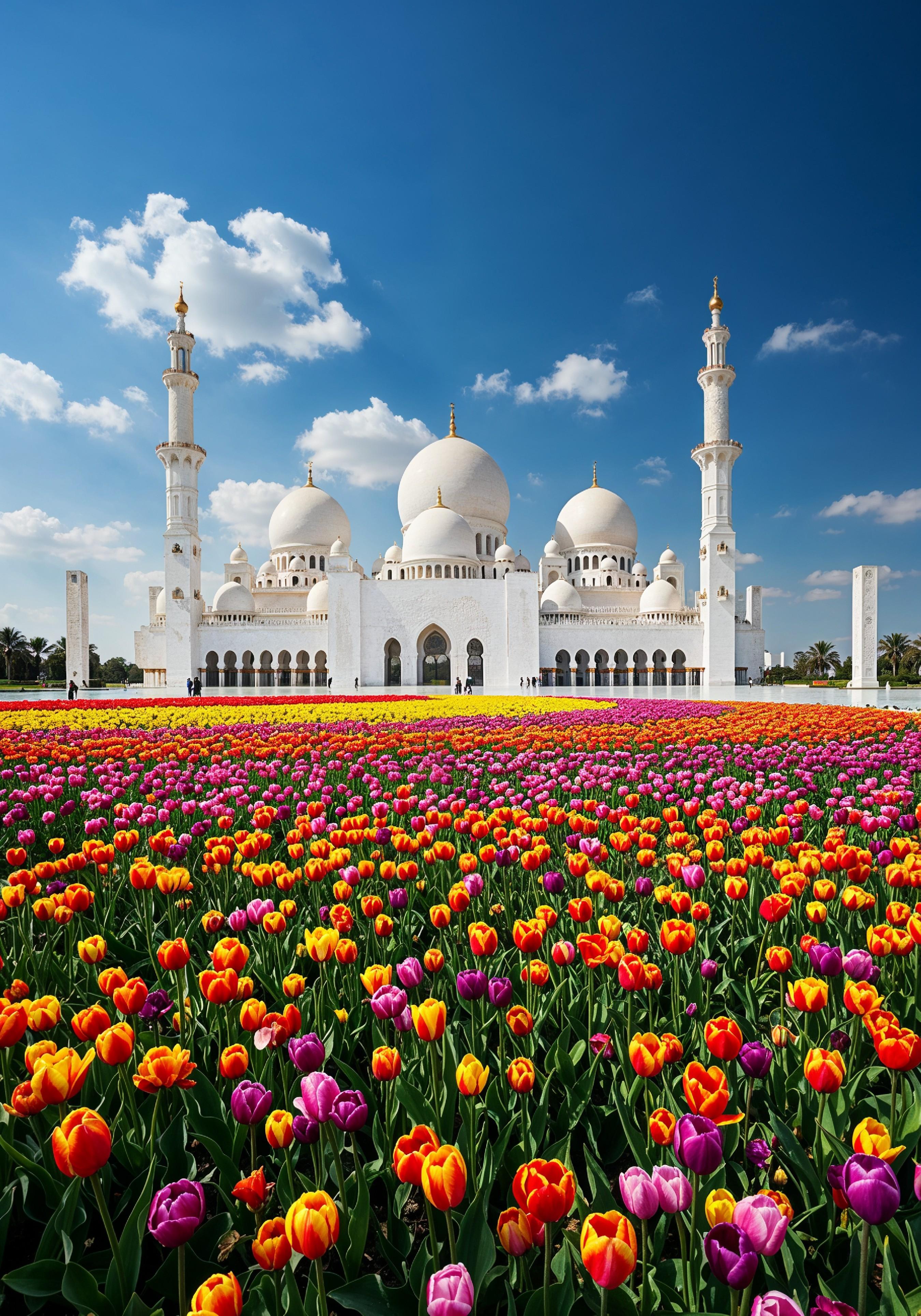 Majestic Islamic Mosque with Colorful Flower Garden Landscape