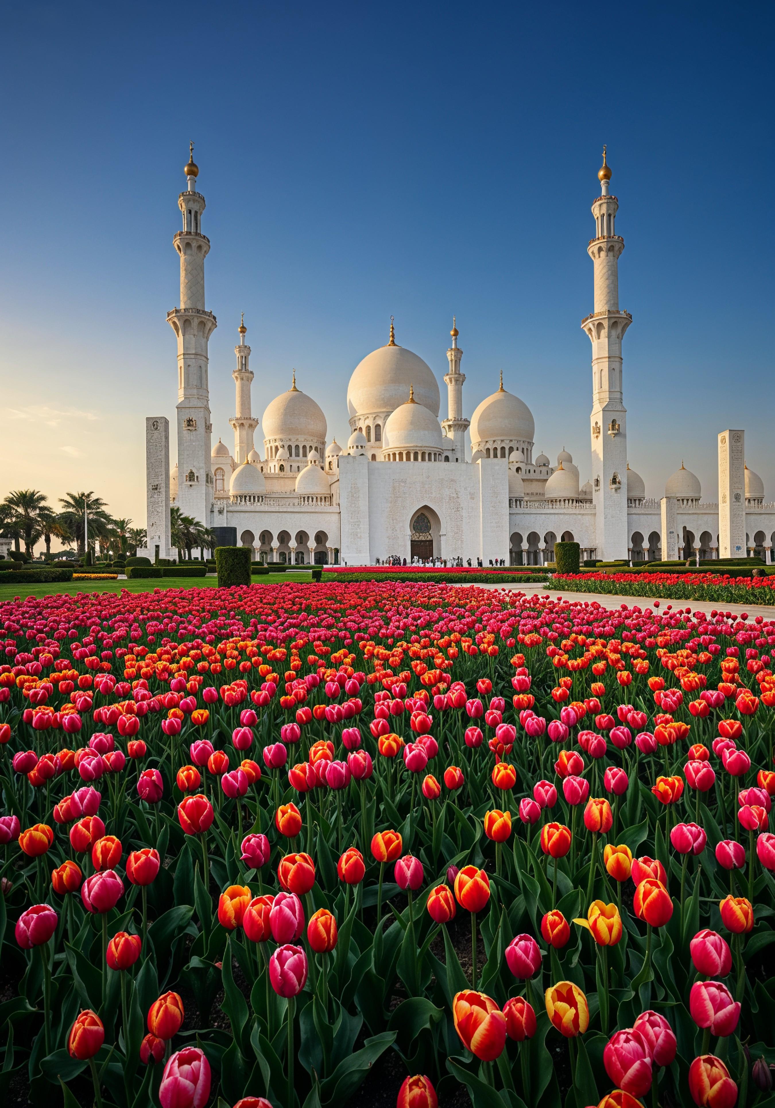Majestic Islamic Mosque with Colorful Flower Garden Landscape