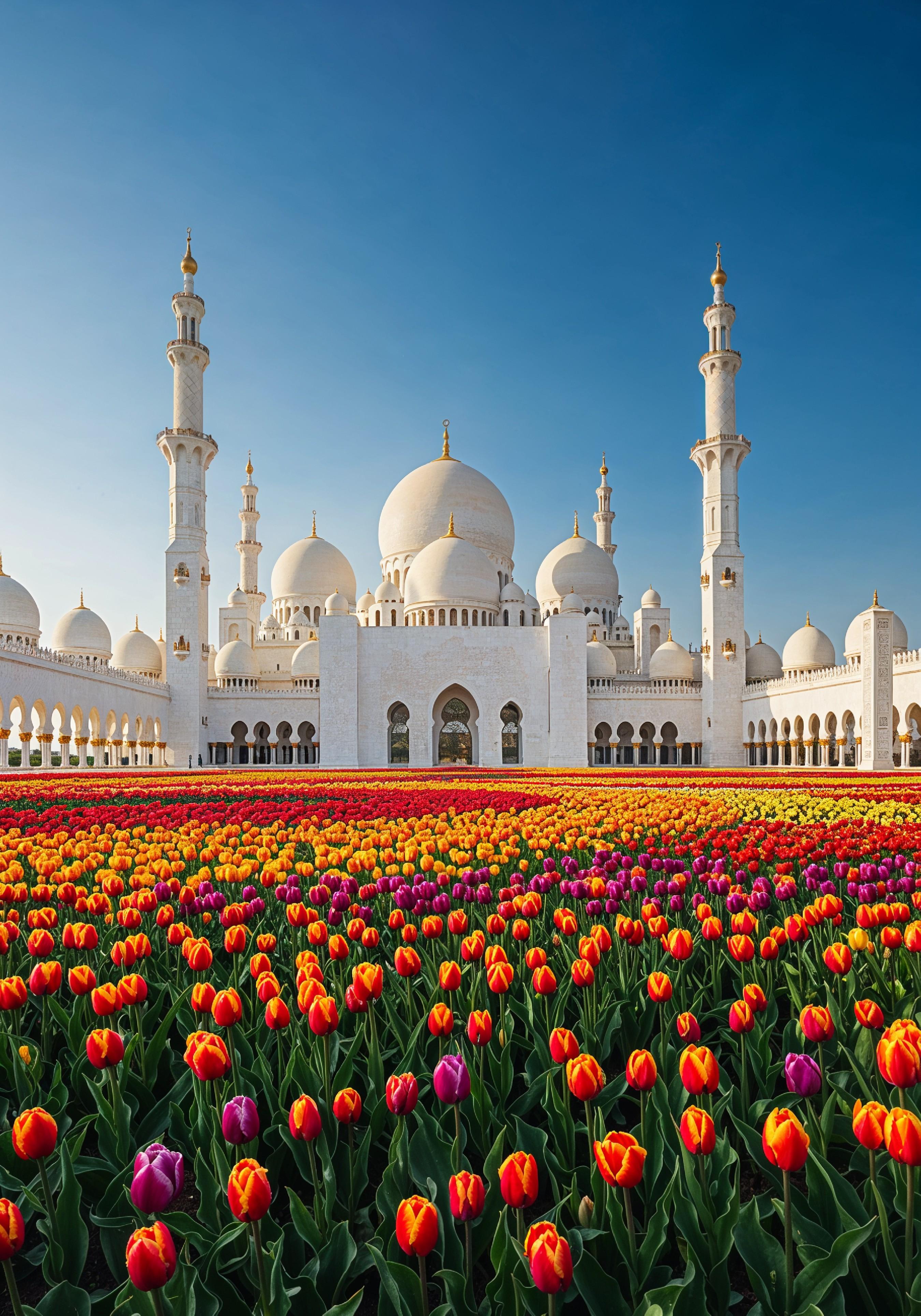 Majestic Islamic Mosque with Colorful Flower Garden Landscape