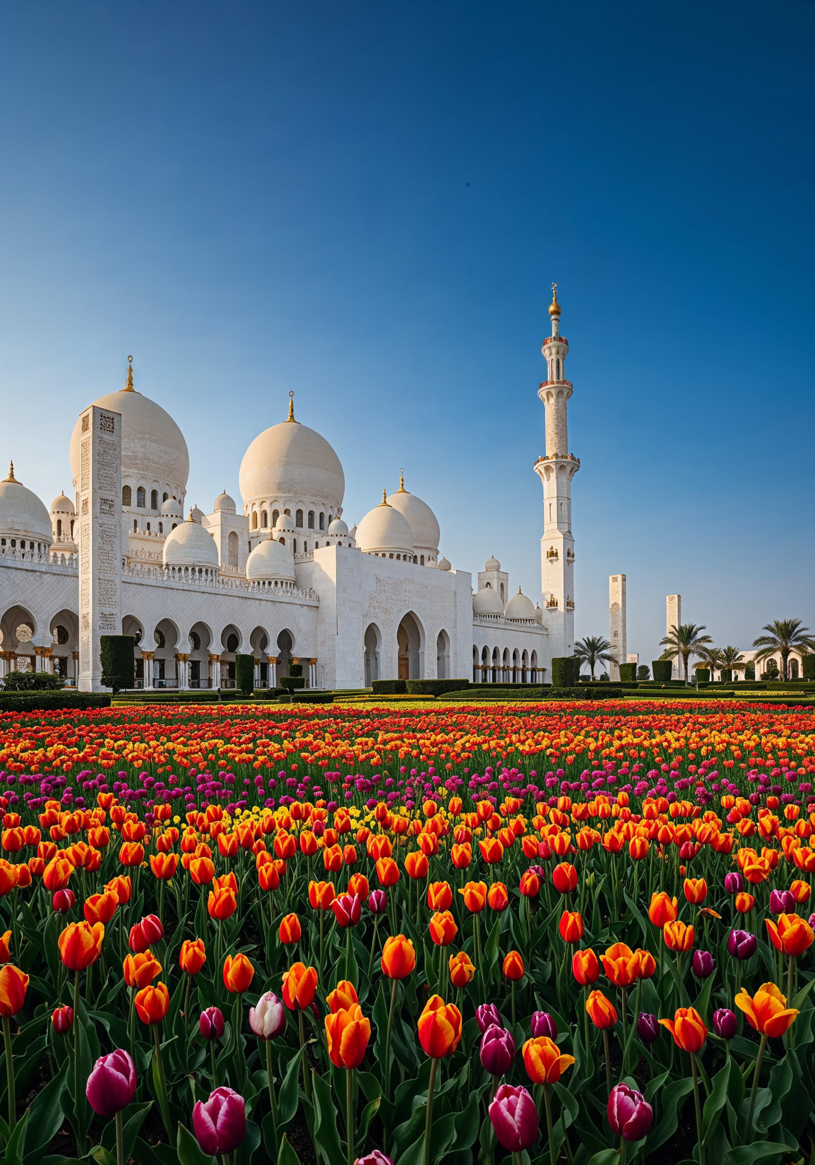 Majestic Islamic Mosque with Colorful Flower Garden Landscape