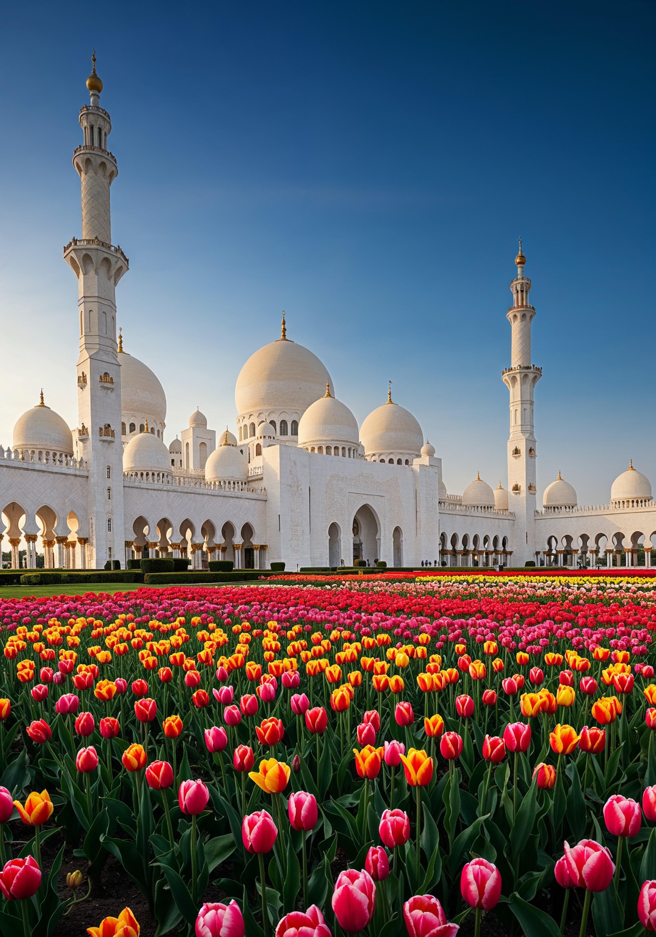 Majestic Islamic Mosque with Colorful Flower Garden Landscape