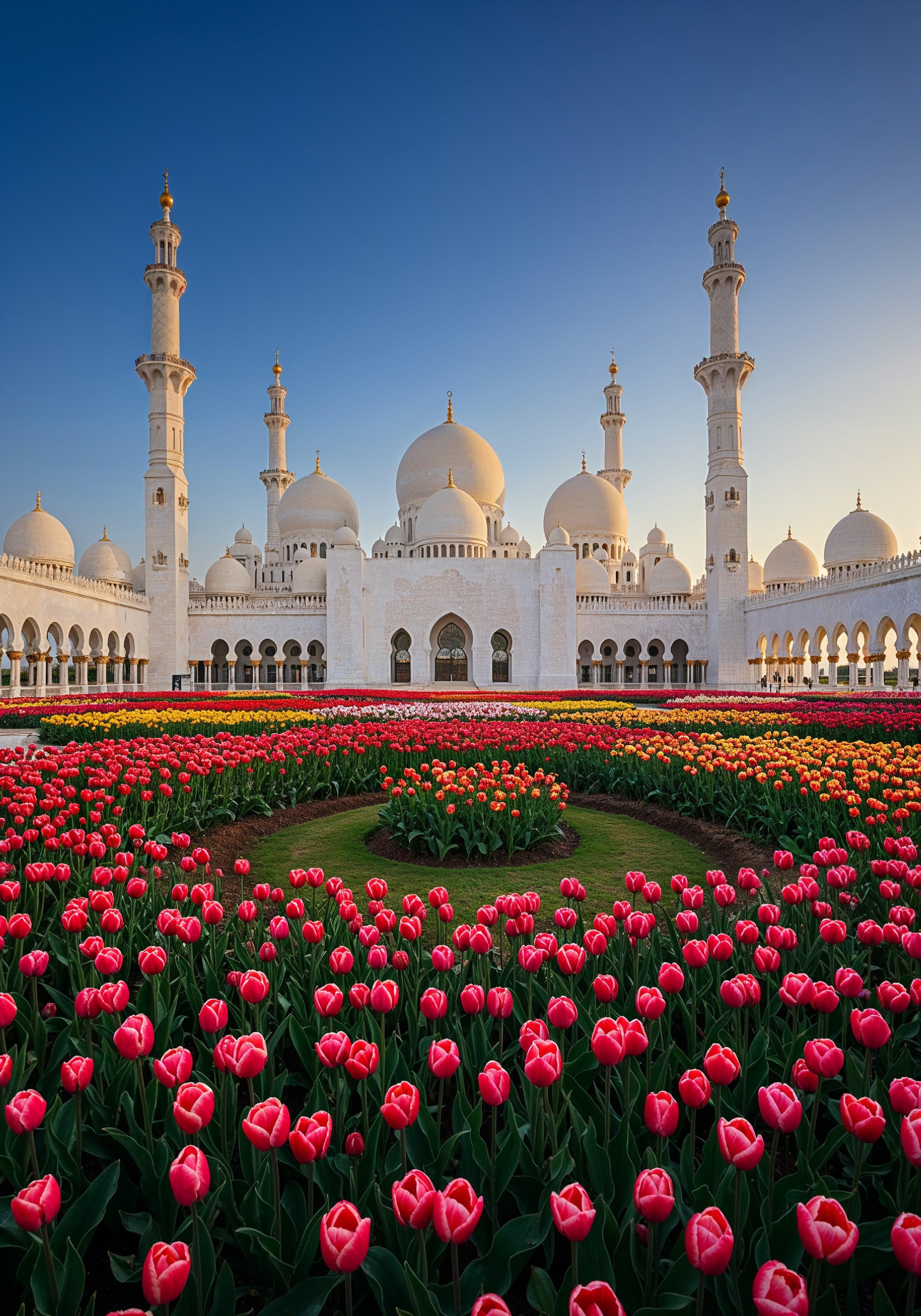 Majestic Islamic Mosque with Colorful Flower Garden Landscape