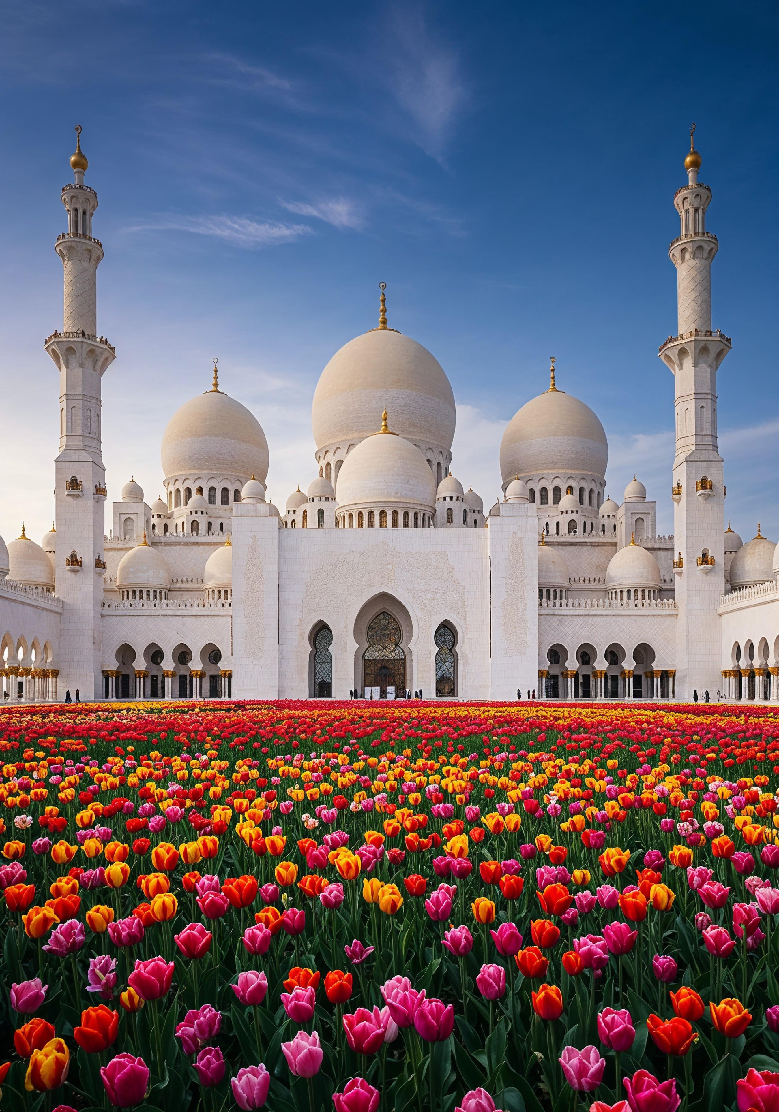 Majestic Islamic Mosque with Colorful Flower Garden Landscape