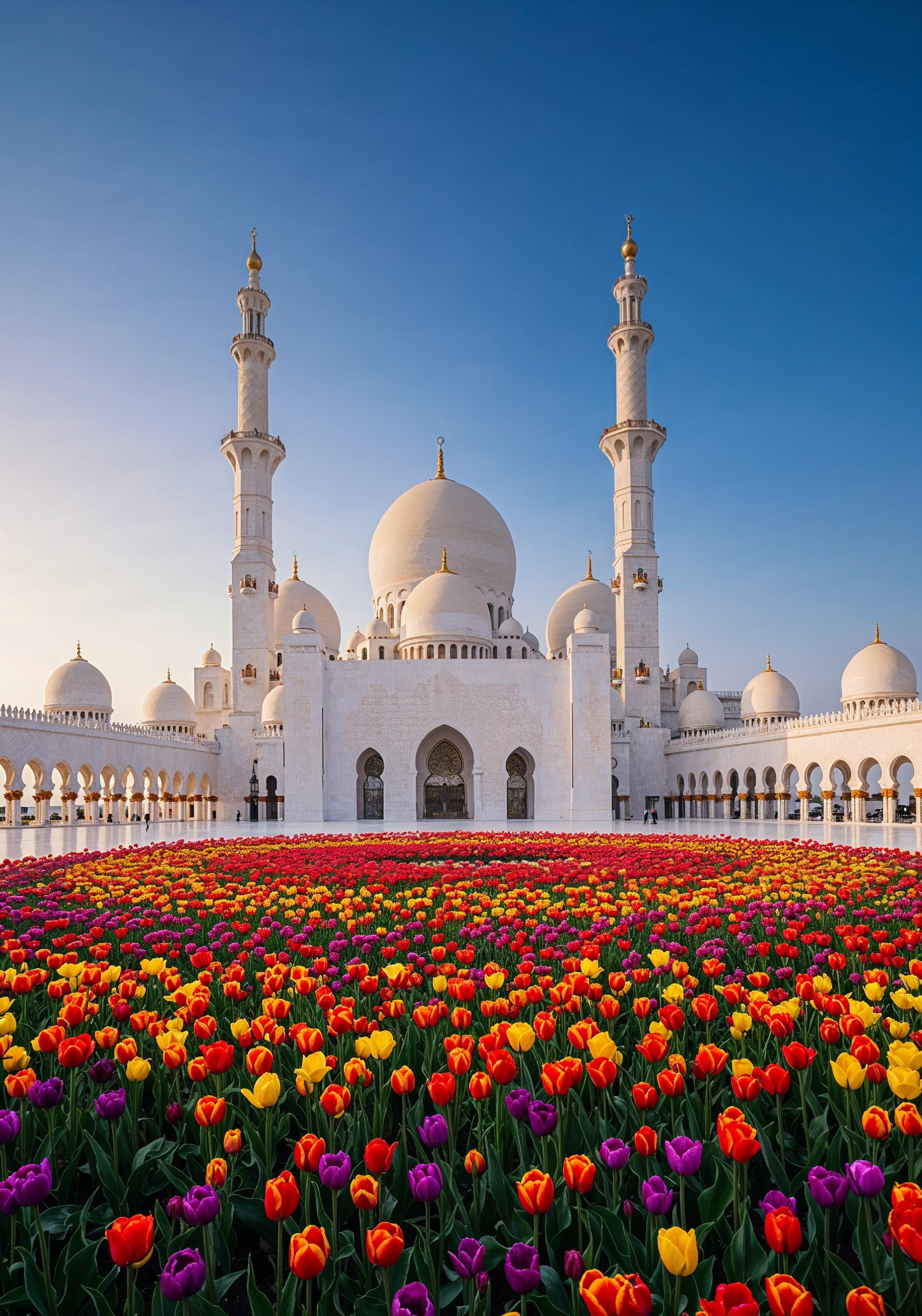 Majestic Islamic Mosque with Colorful Flower Garden Landscape