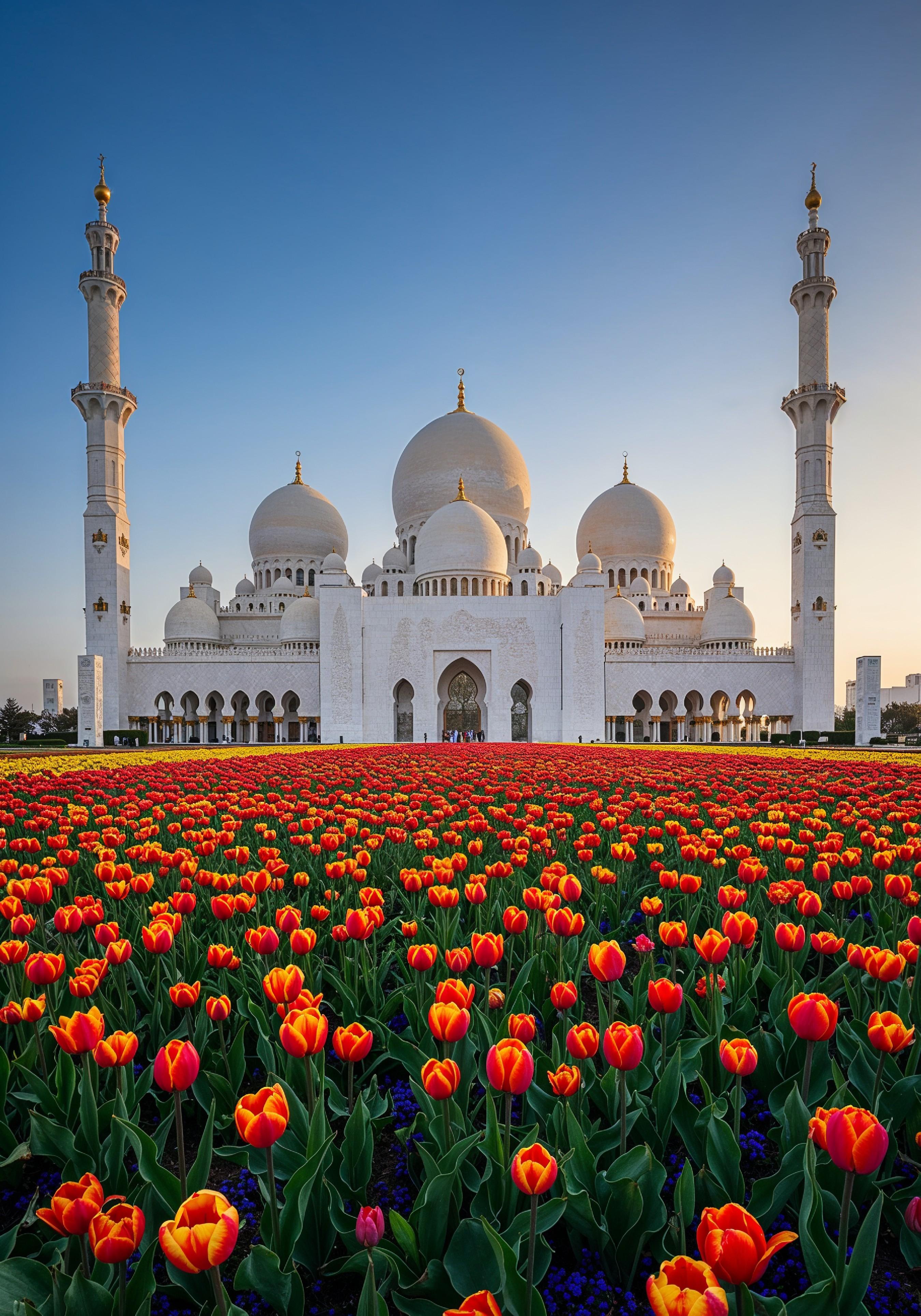Majestic Islamic Mosque with Colorful Flower Garden Landscape