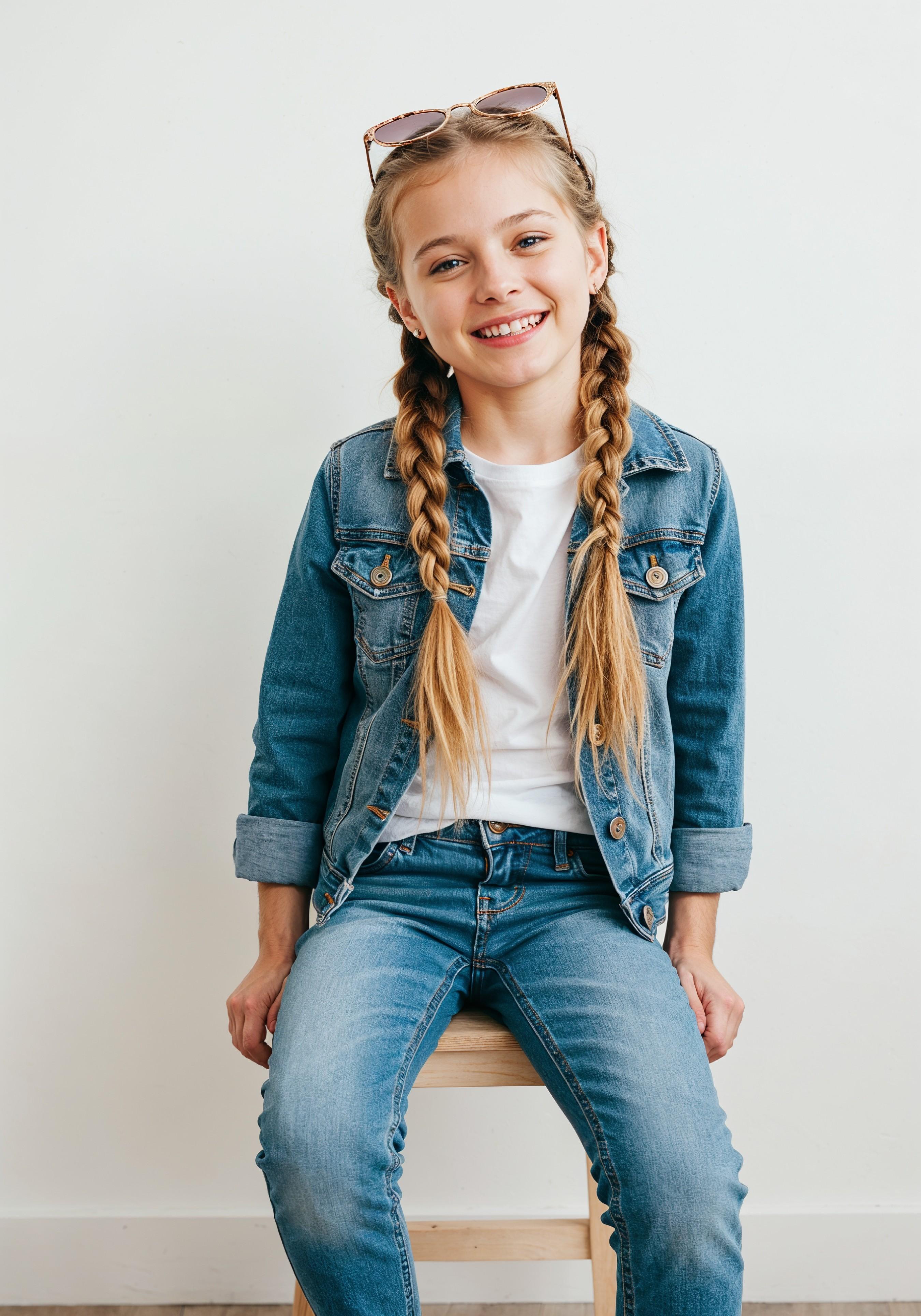 Adorable Young Girl in Denim Jacket and Sunglasses Posing on White Background Portrait