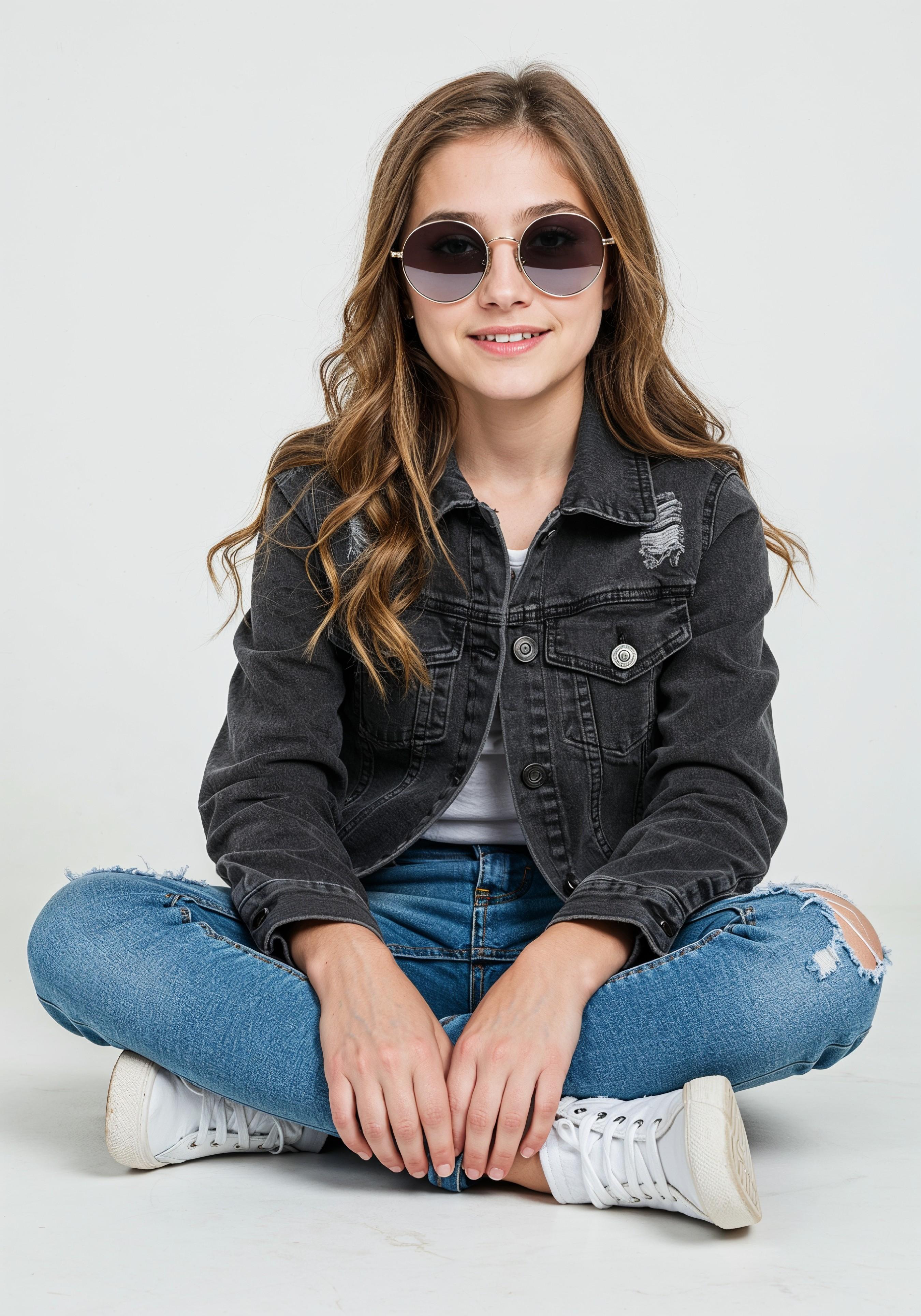 Adorable Young Girl in Denim Jacket and Sunglasses Posing on White Background Portrait
