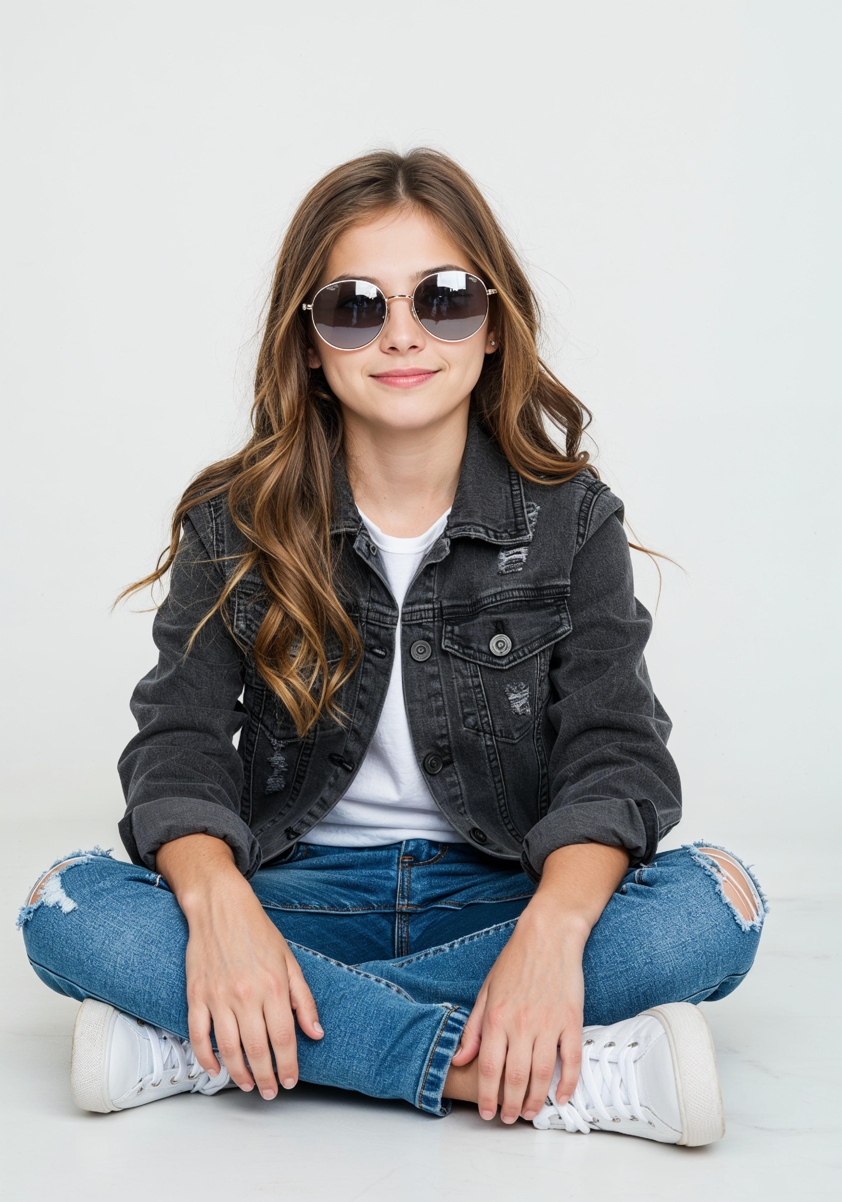Adorable Young Girl in Denim Jacket and Sunglasses Posing on White Background Portrait