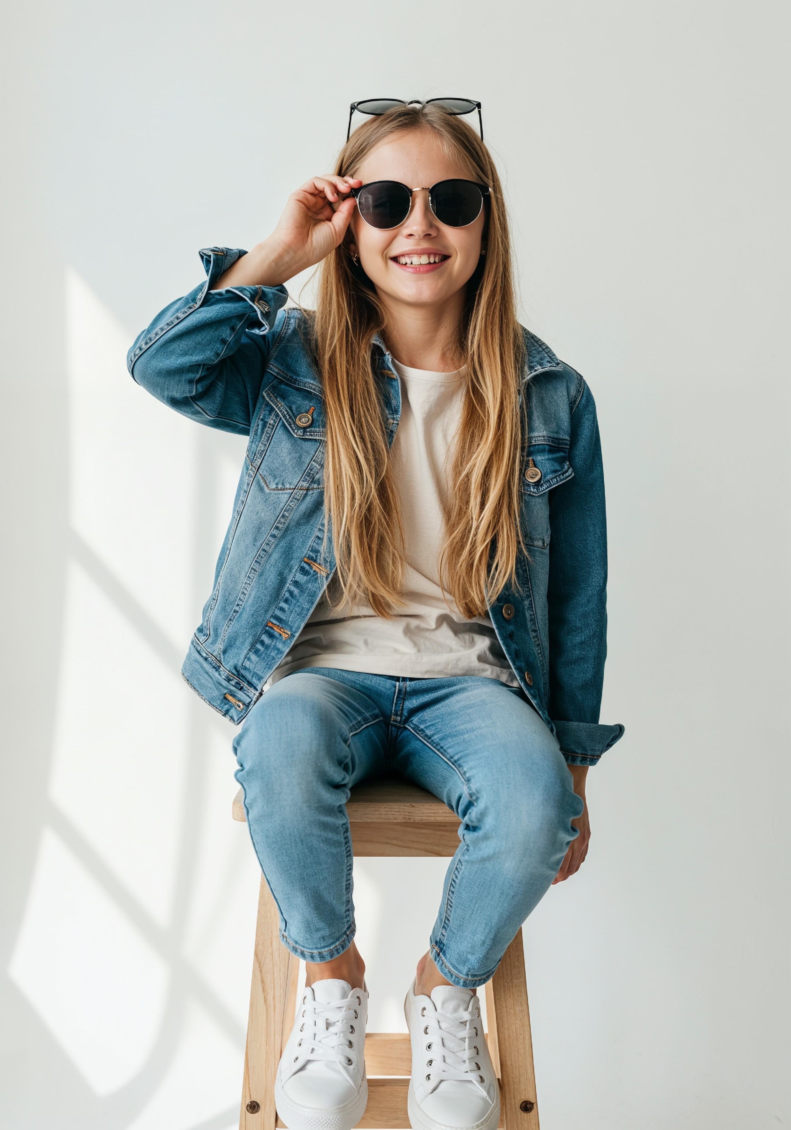 Adorable Young Girl in Denim Jacket and Sunglasses Posing on White Background Portrait