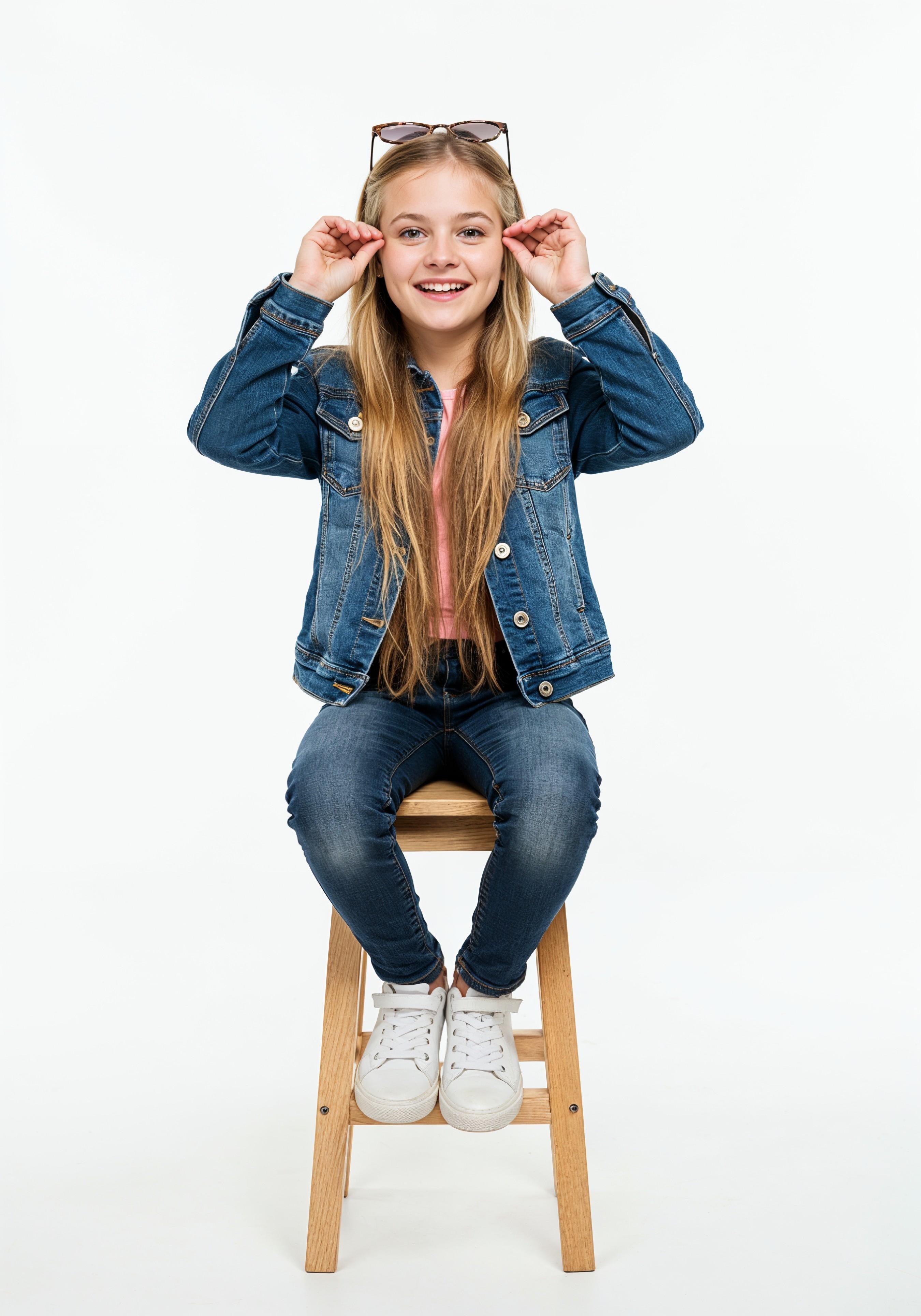 Adorable Young Girl in Denim Jacket and Sunglasses Posing on White Background Portrait