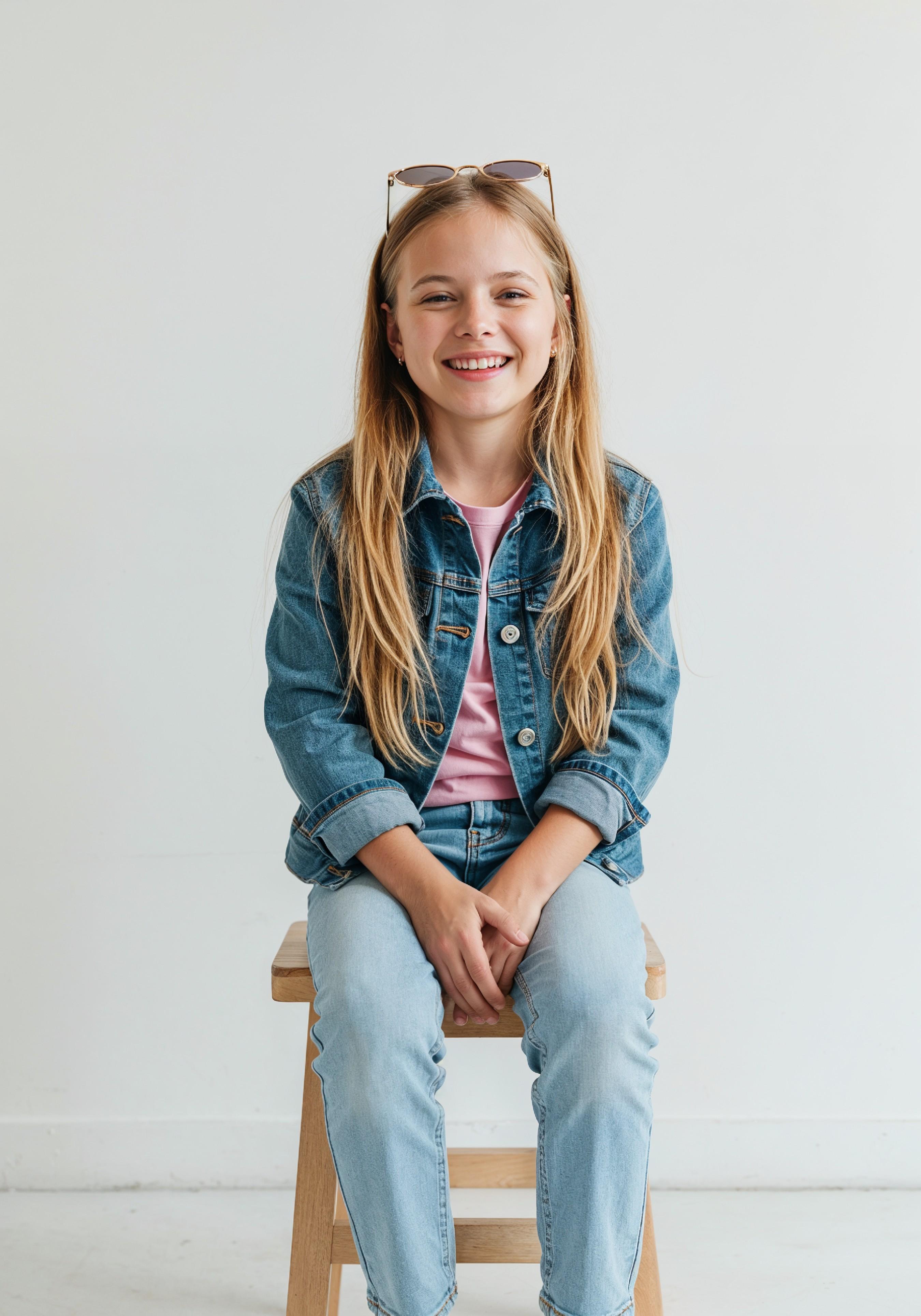 Adorable Young Girl in Denim Jacket and Sunglasses Posing on White Background Portrait