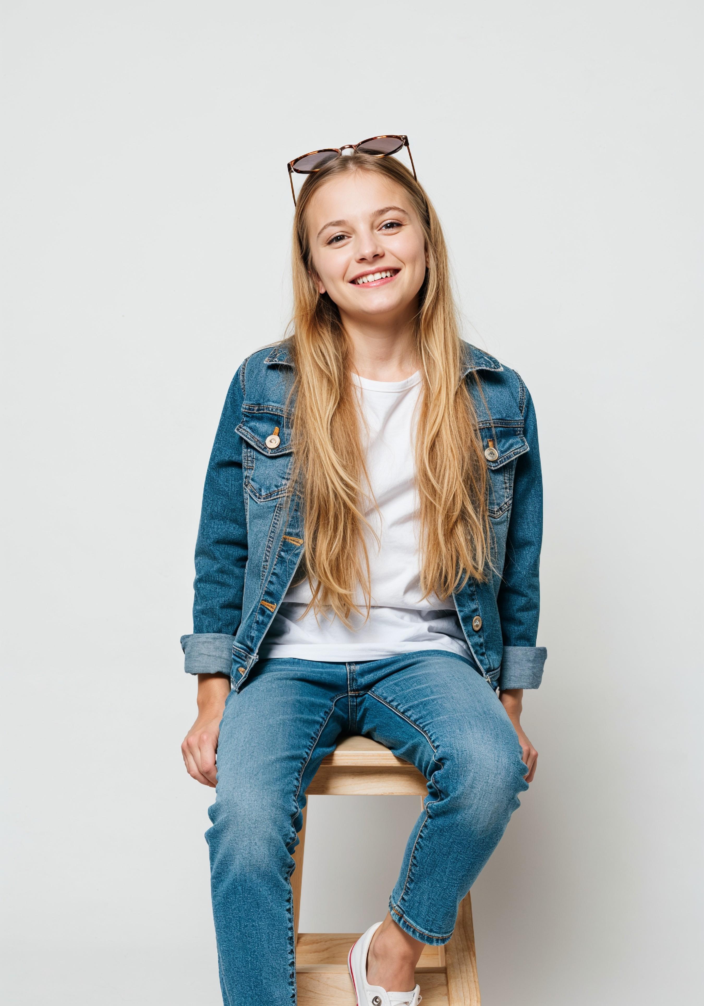 Adorable Young Girl in Denim Jacket and Sunglasses Posing on White Background Portrait
