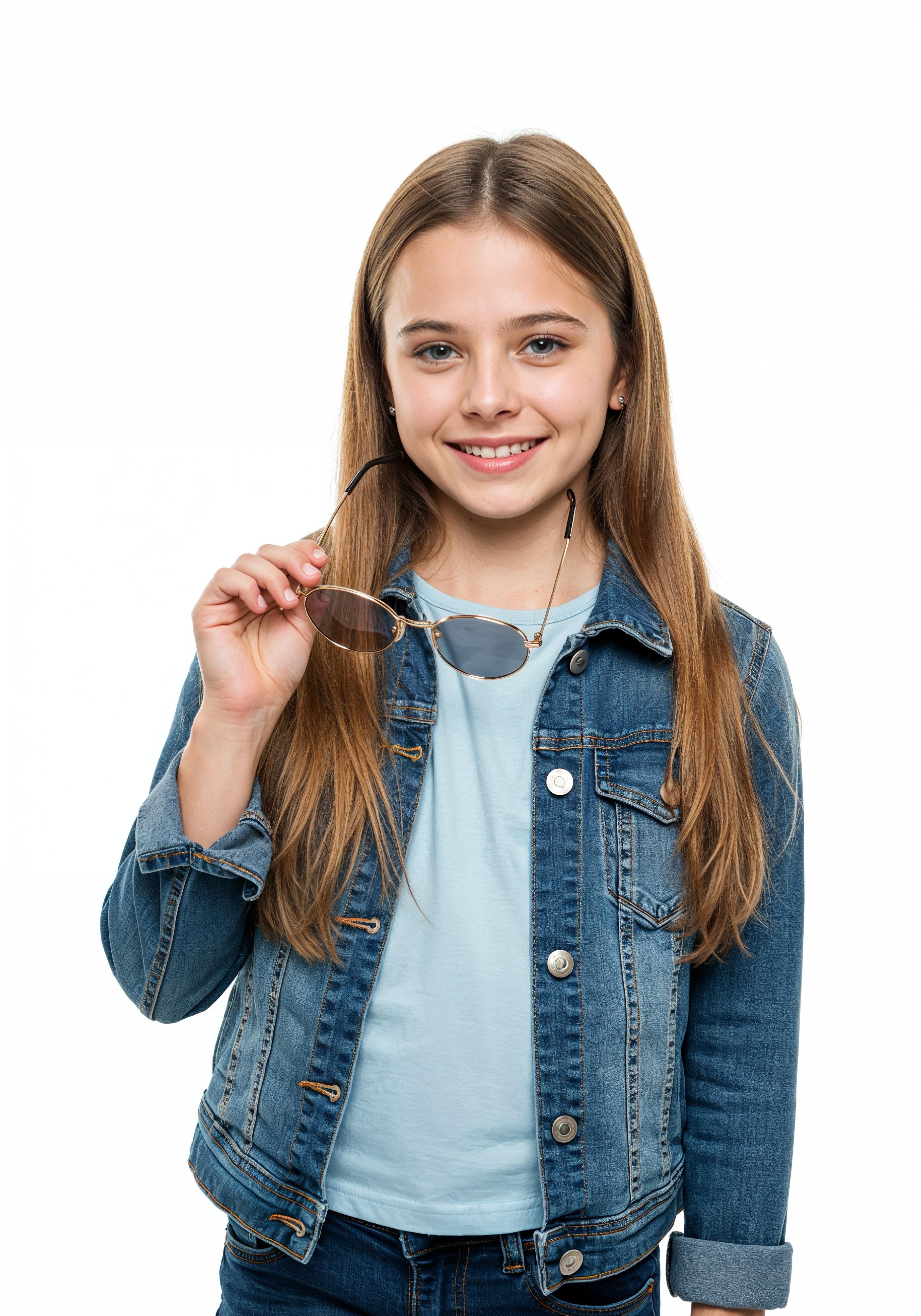 Adorable Young Girl in Denim Jacket and Sunglasses Posing on White Background Portrait