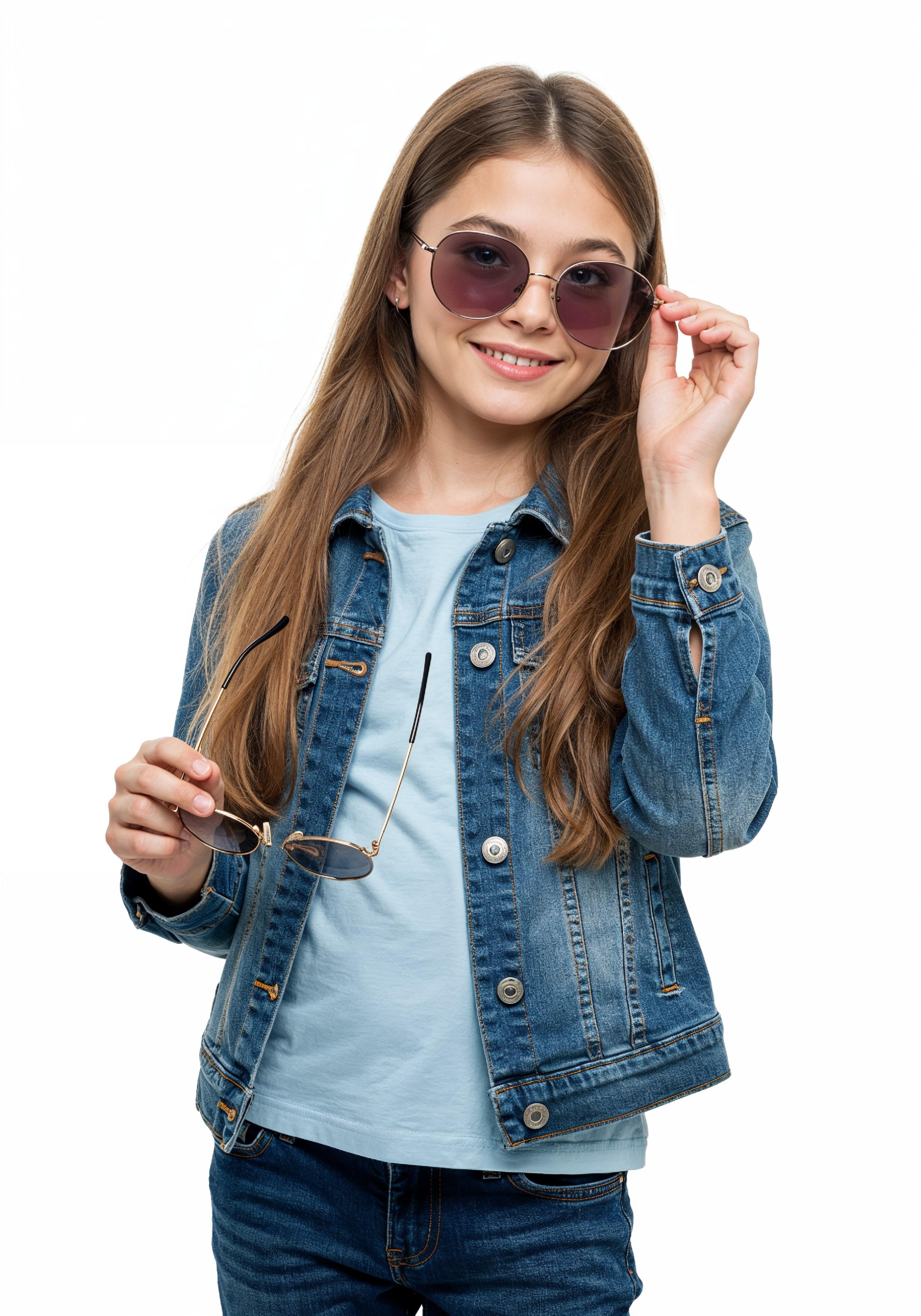 Adorable Young Girl in Denim Jacket and Sunglasses Posing on White Background Portrait