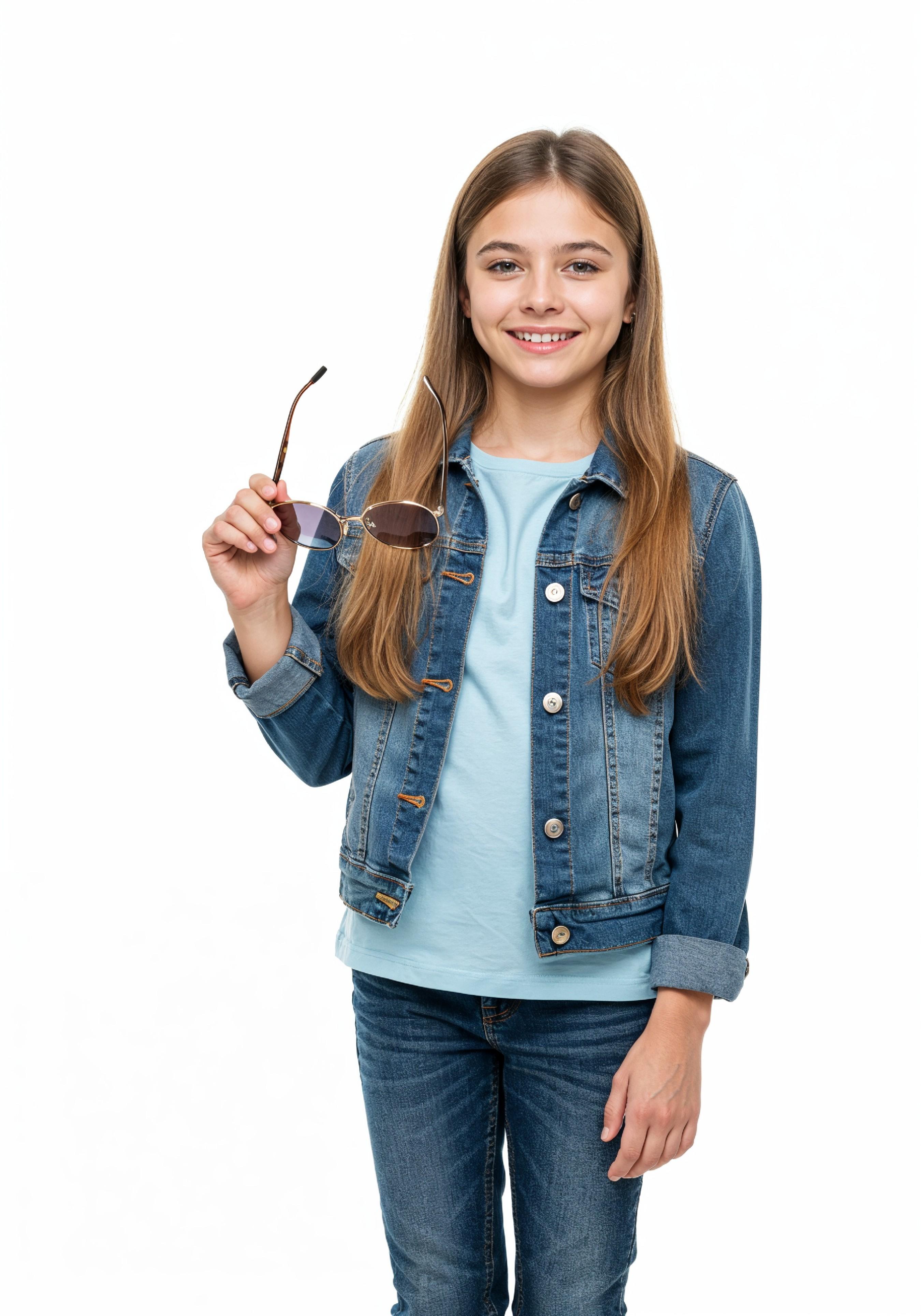 Adorable Young Girl in Denim Jacket and Sunglasses Posing on White Background Portrait