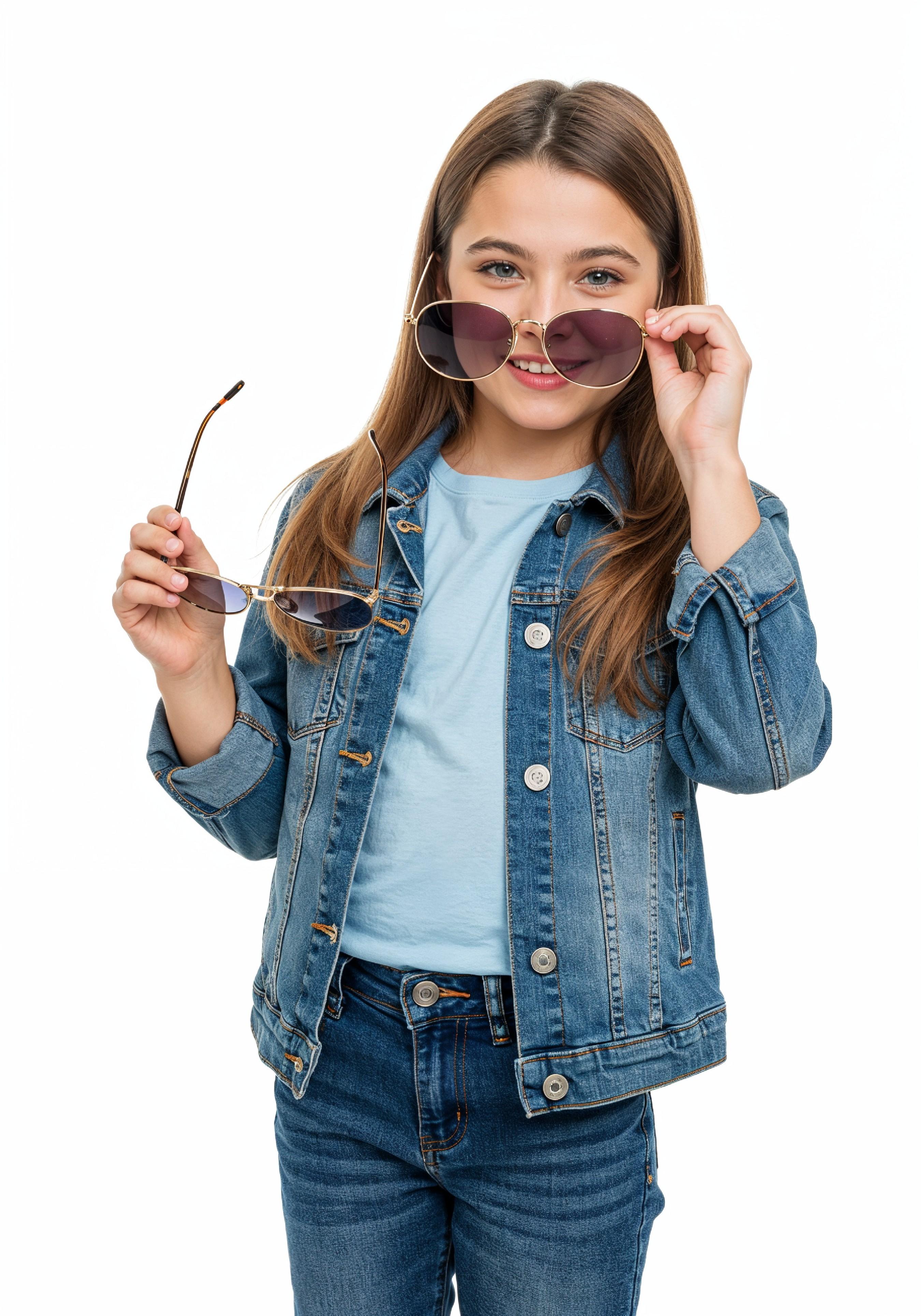Adorable Young Girl in Denim Jacket and Sunglasses Posing on White Background Portrait