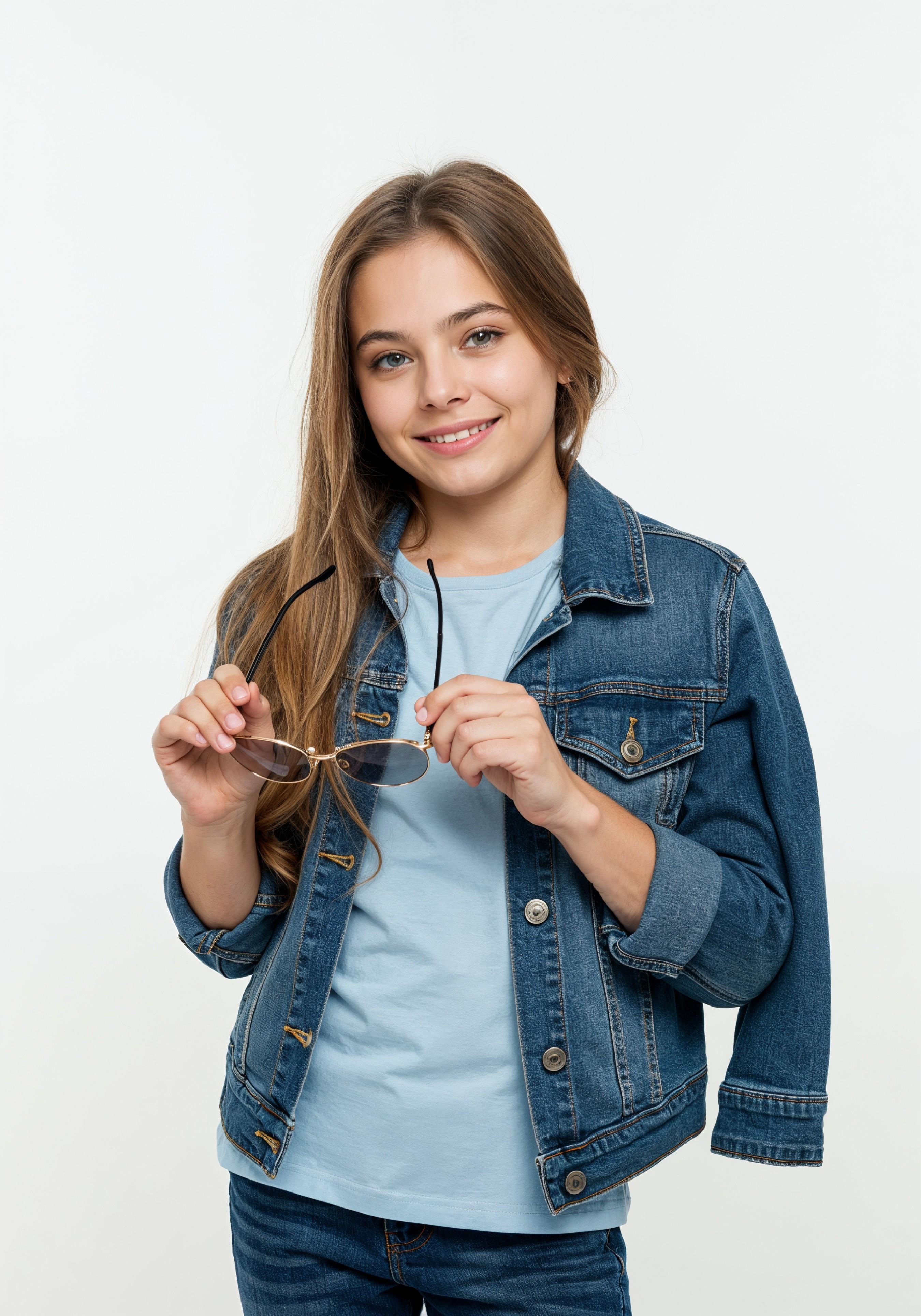 Adorable Young Girl in Denim Jacket and Sunglasses Posing on White Background Portrait