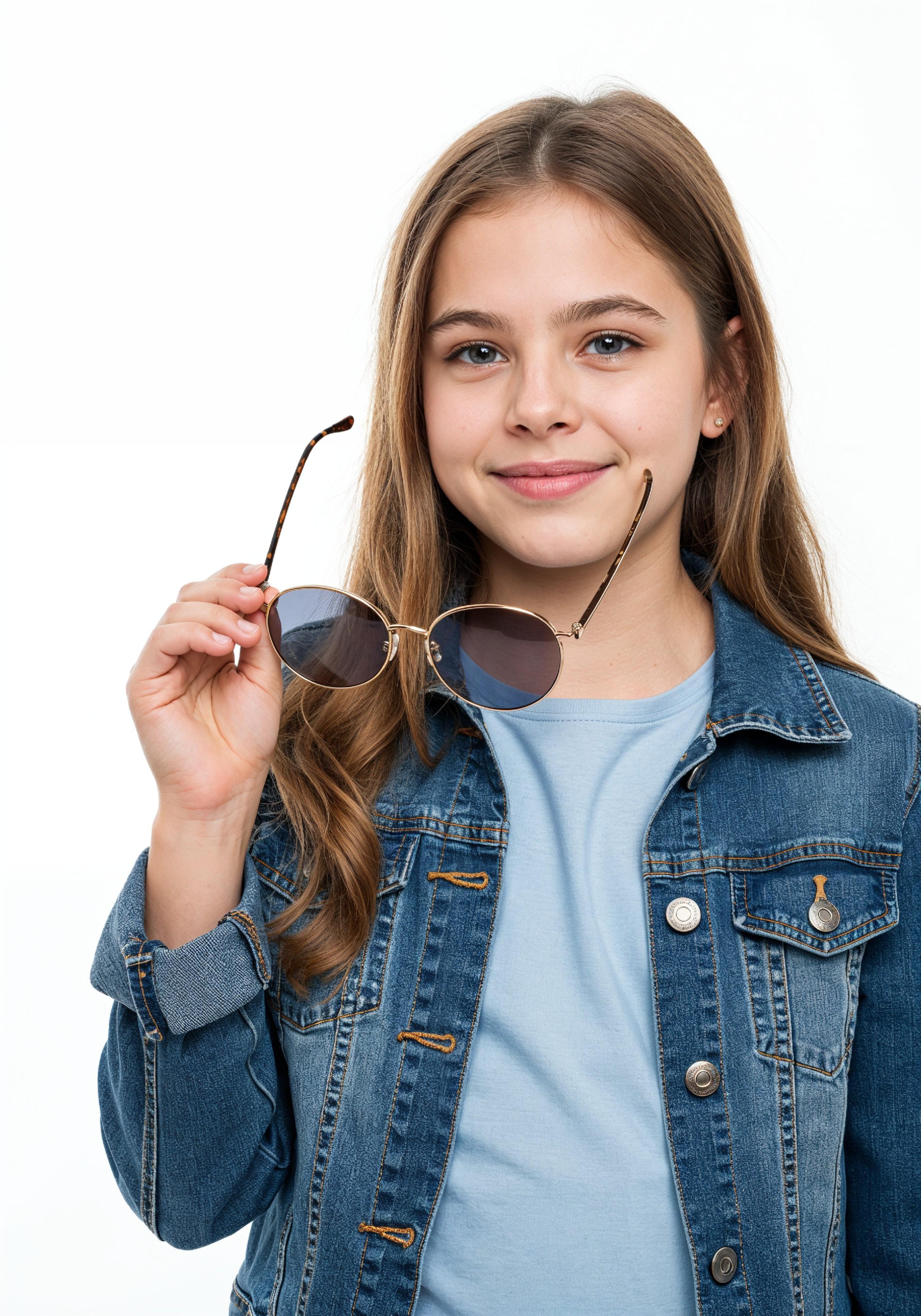Adorable Young Girl in Denim Jacket and Sunglasses Posing on White Background Portrait