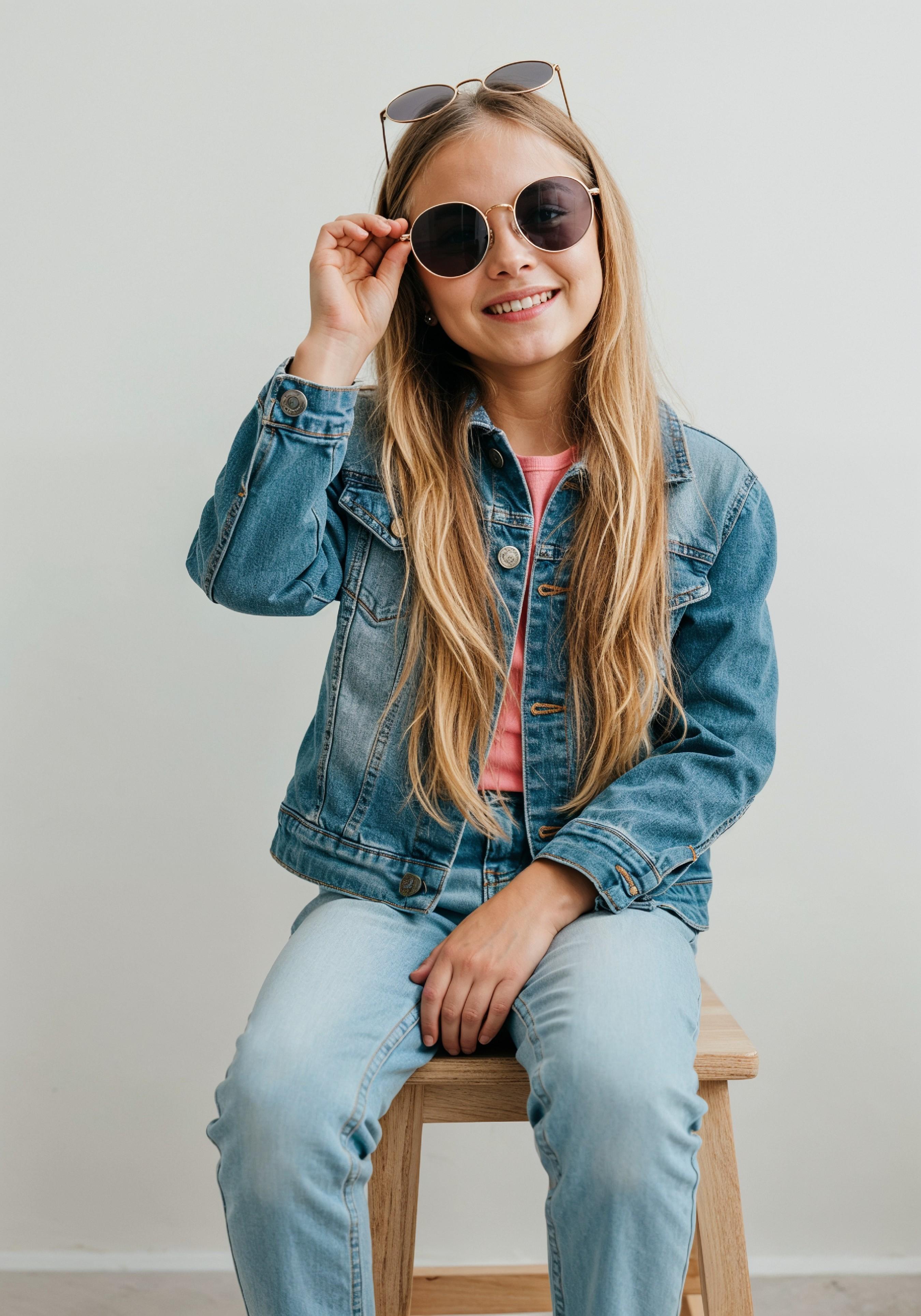 Adorable Young Girl in Denim Jacket and Sunglasses Posing on White Background Portrait