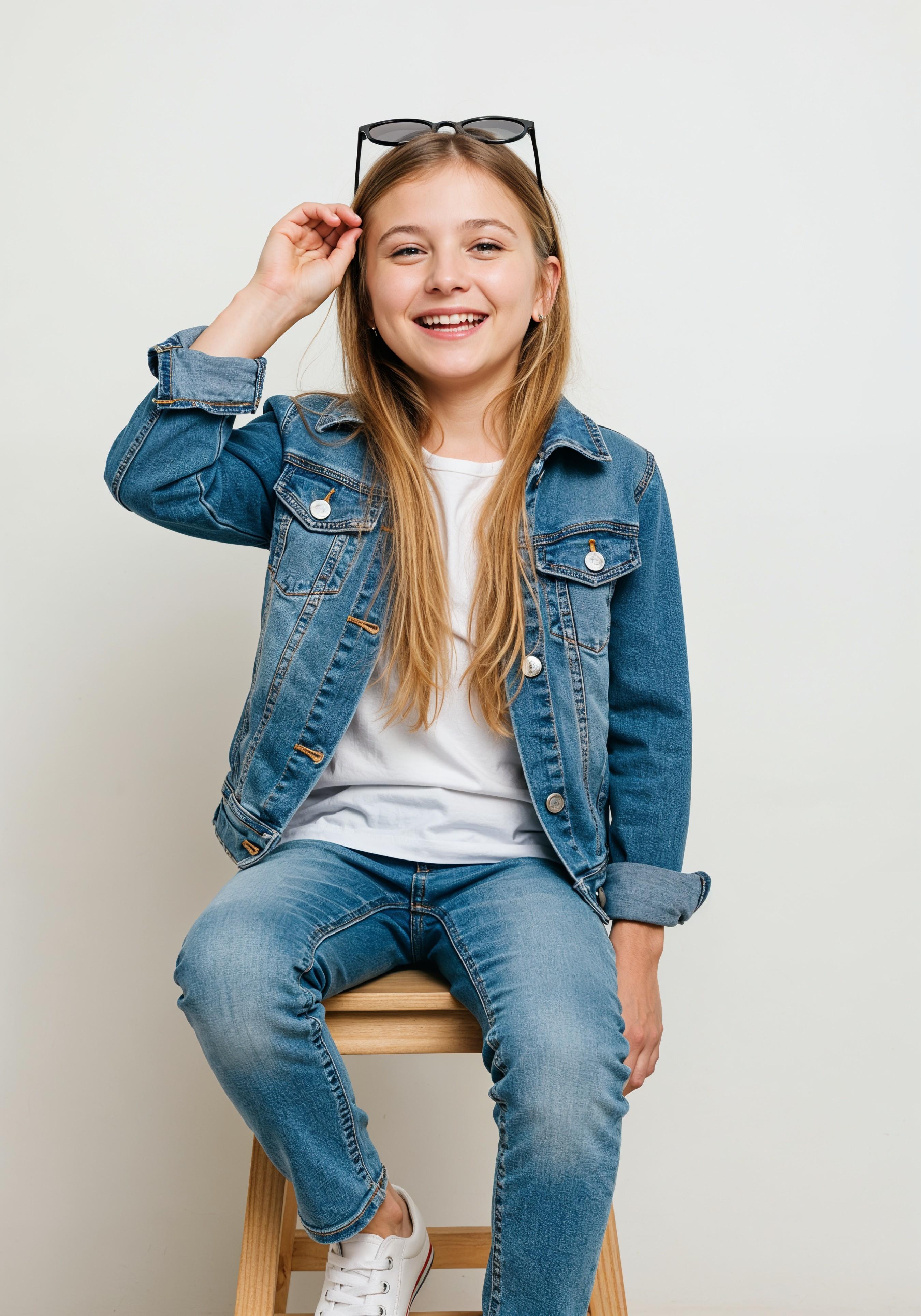Adorable Young Girl in Denim Jacket and Sunglasses Posing on White Background Portrait