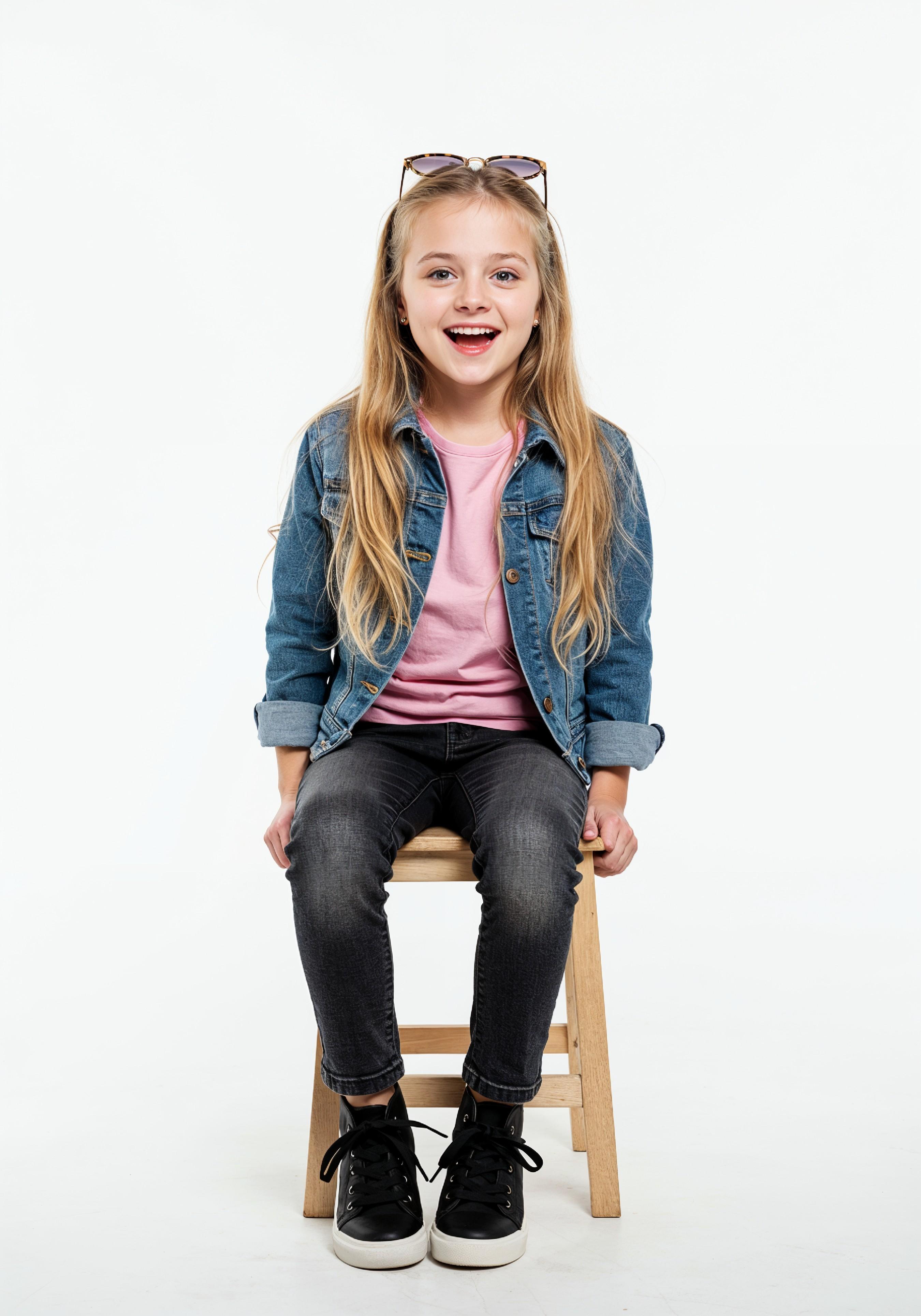 Adorable Young Girl in Denim Jacket and Sunglasses Posing on White Background Portrait