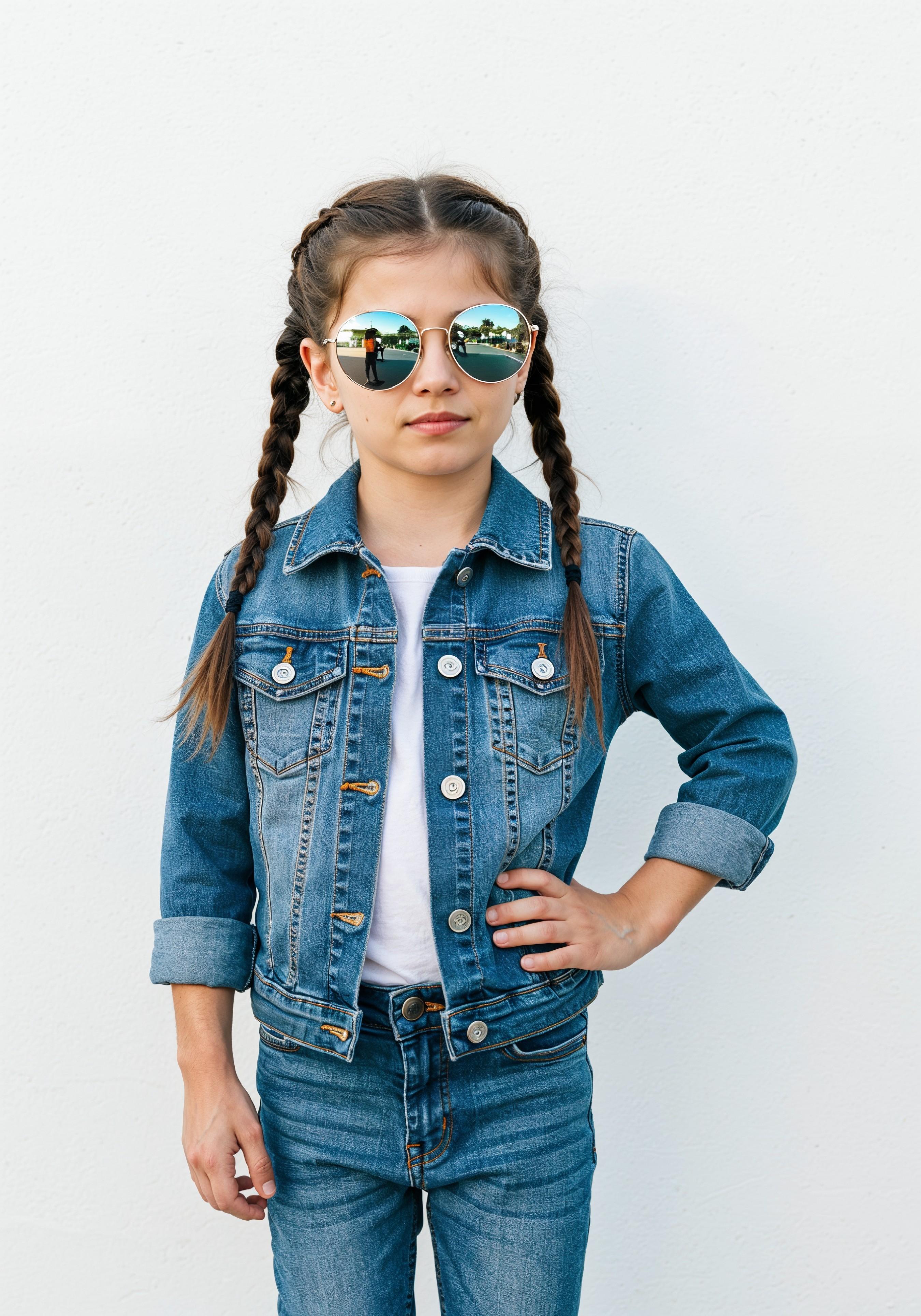 Adorable Young Girl in Denim Jacket and Sunglasses Posing on White Background Portrait