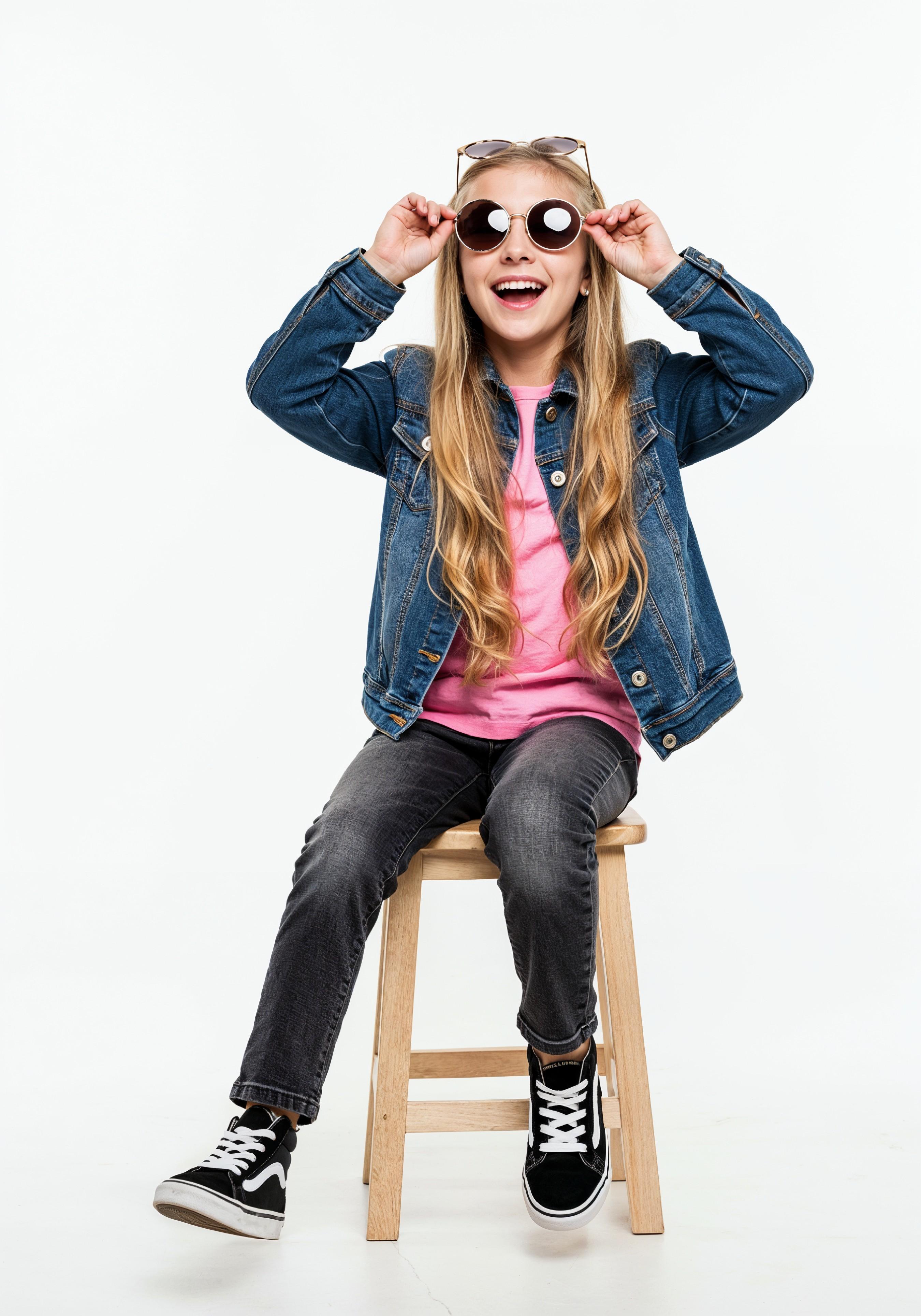 Adorable Young Girl in Denim Jacket and Sunglasses Posing on White Background Portrait