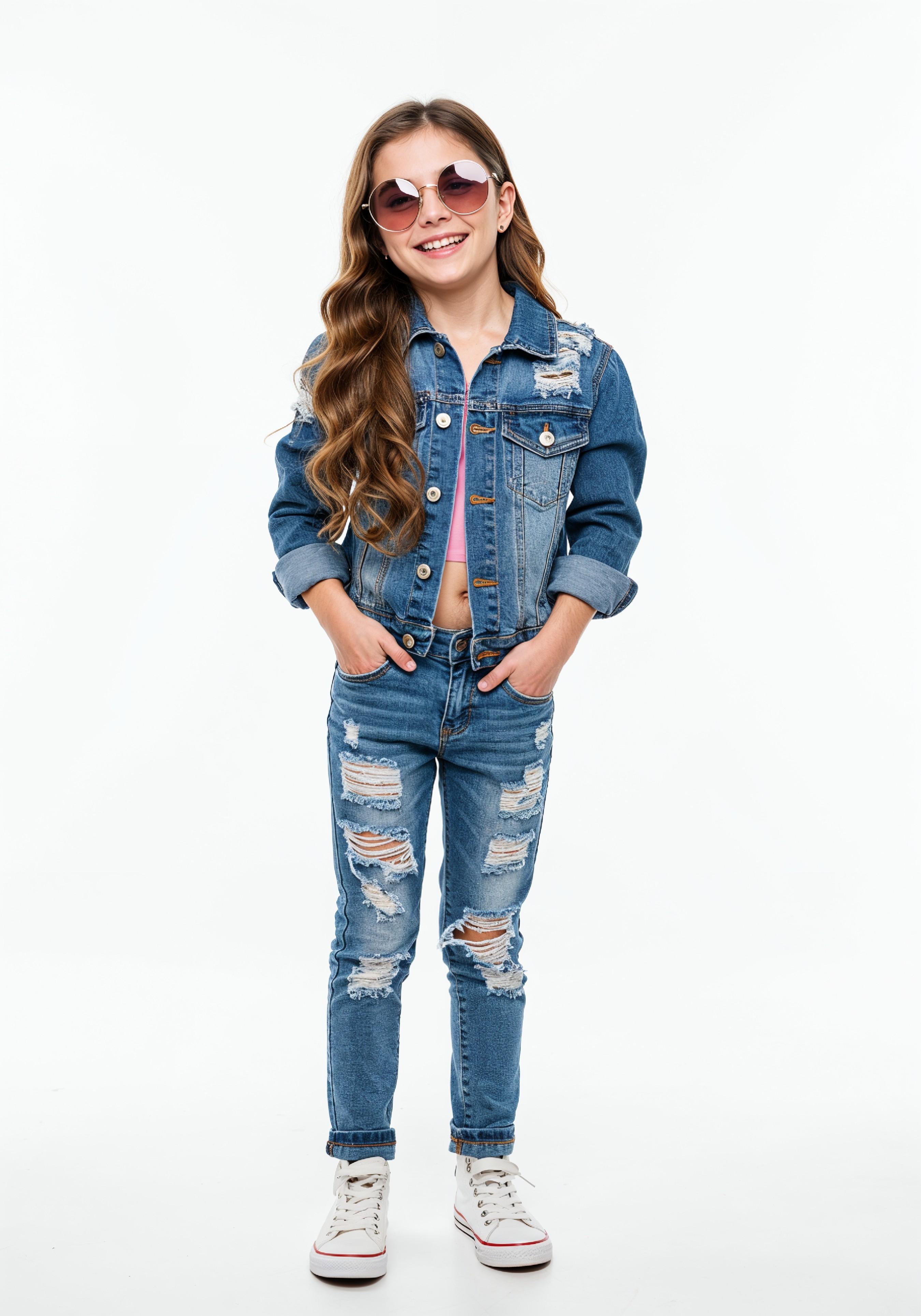 Adorable Young Girl in Denim Jacket and Sunglasses Posing on White Background Portrait