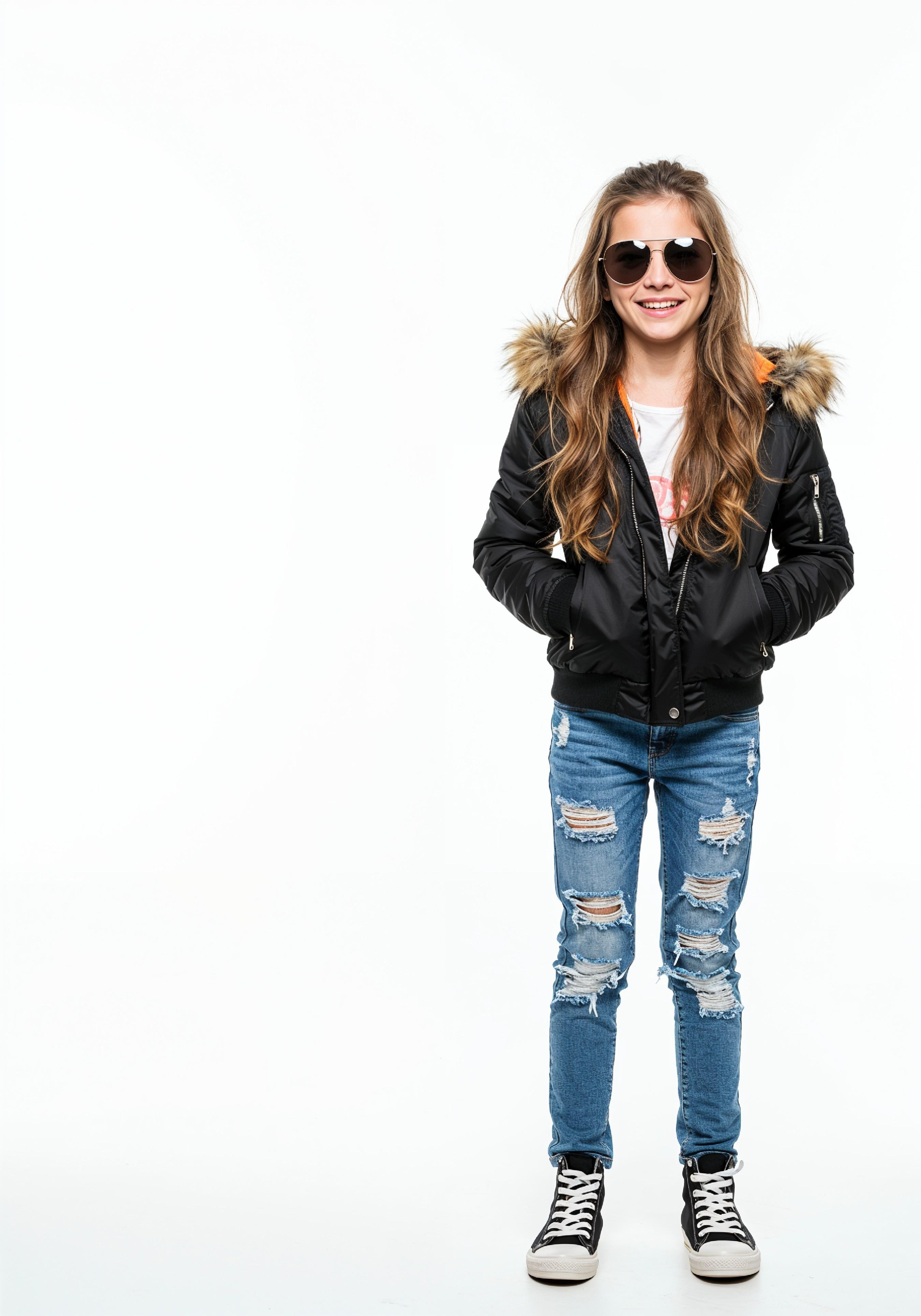 Adorable Young Girl in Denim Jacket and Sunglasses Posing on White Background Portrait