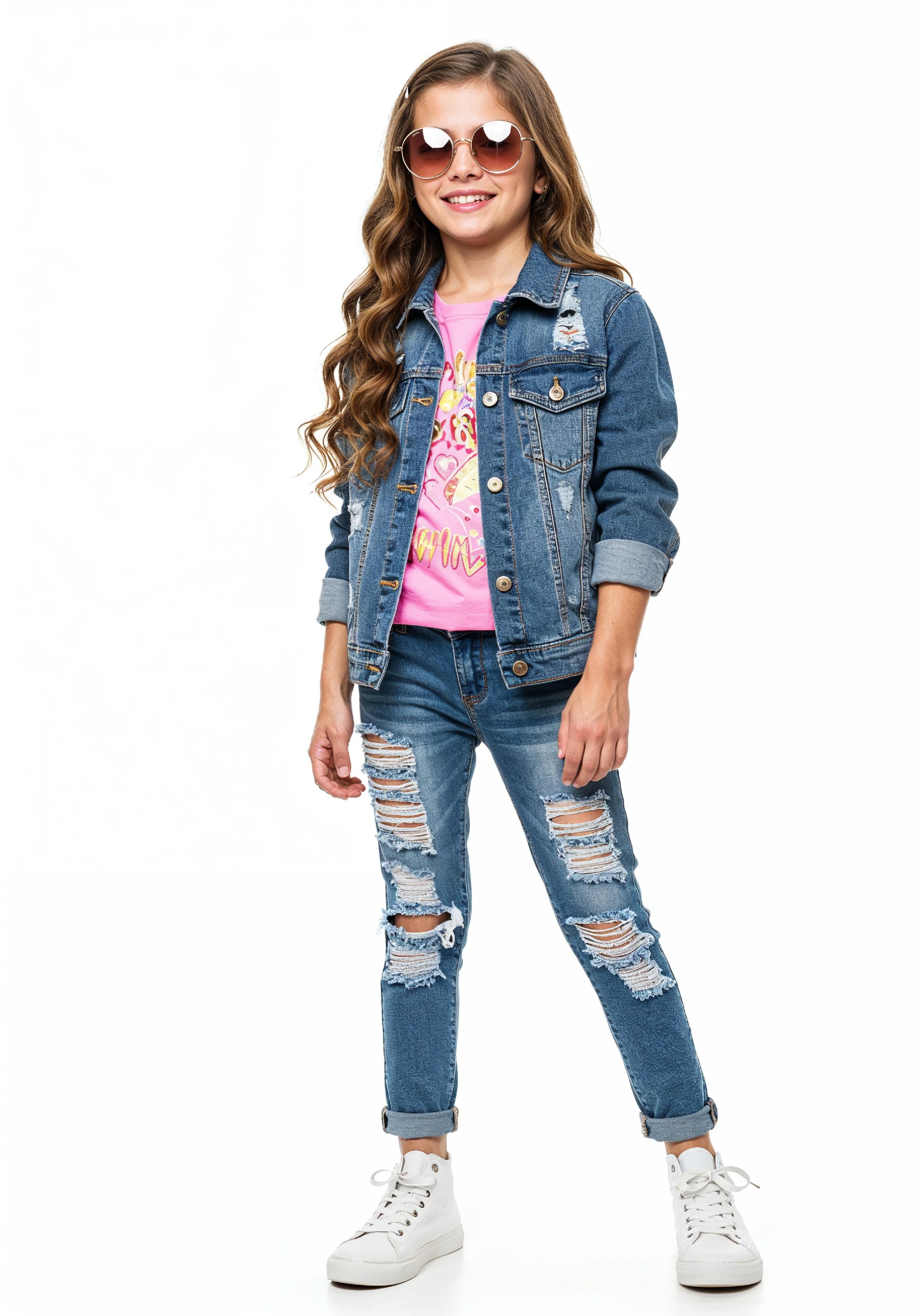 Adorable Young Girl in Denim Jacket and Sunglasses Posing on White Background Portrait
