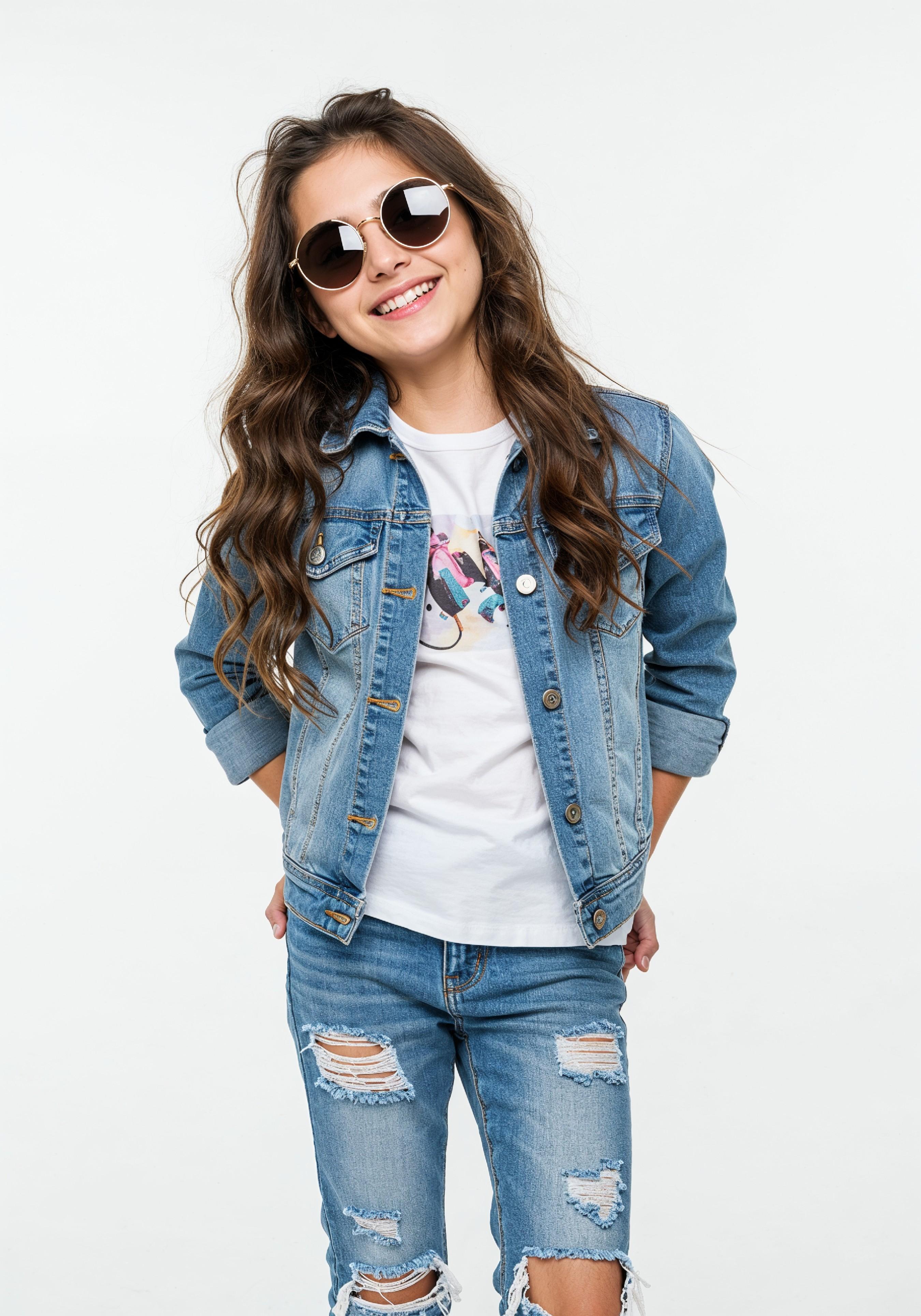 Adorable Young Girl in Denim Jacket and Sunglasses Posing on White Background Portrait