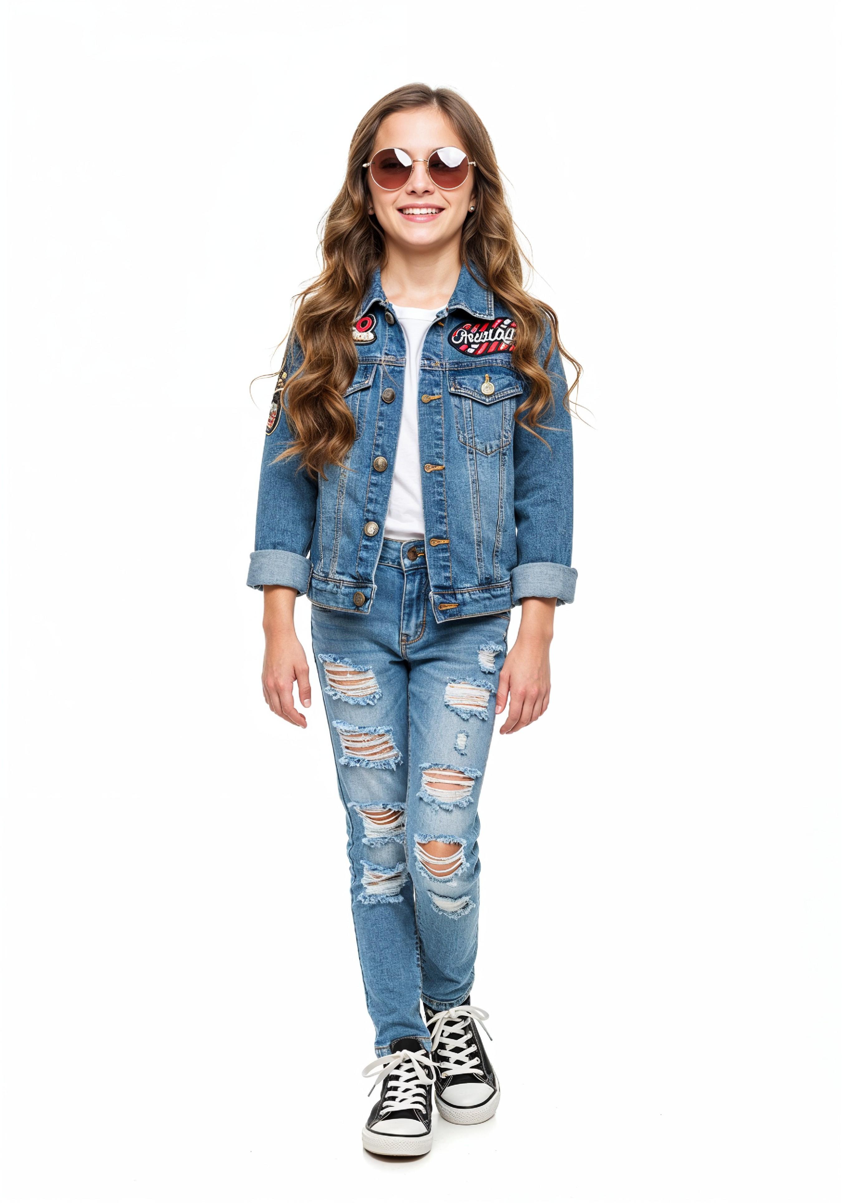 Adorable Young Girl in Denim Jacket and Sunglasses Posing on White Background Portrait