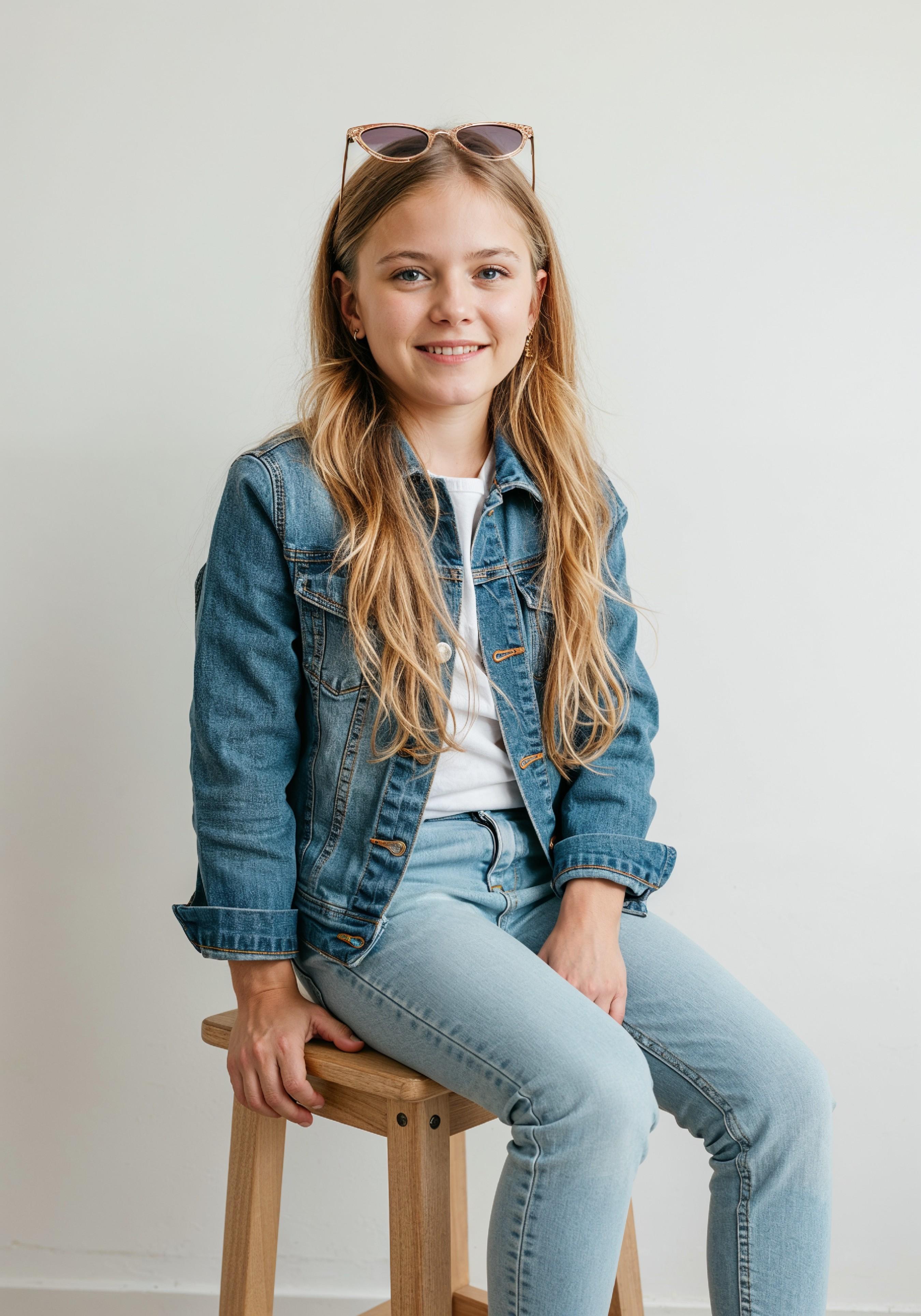 Adorable Young Girl in Denim Jacket and Sunglasses Posing on White Background Portrait