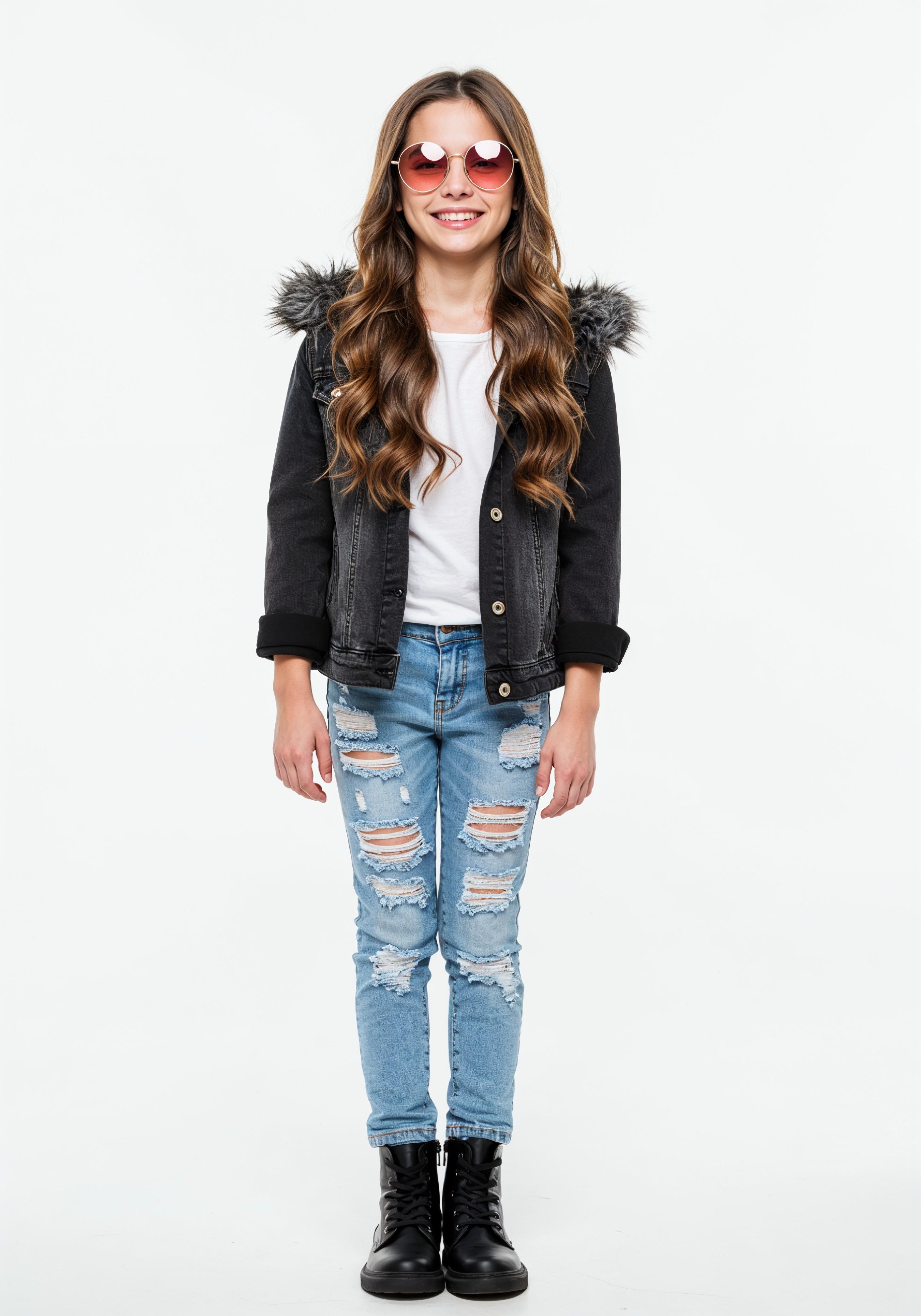 Adorable Young Girl in Denim Jacket and Sunglasses Posing on White Background Portrait