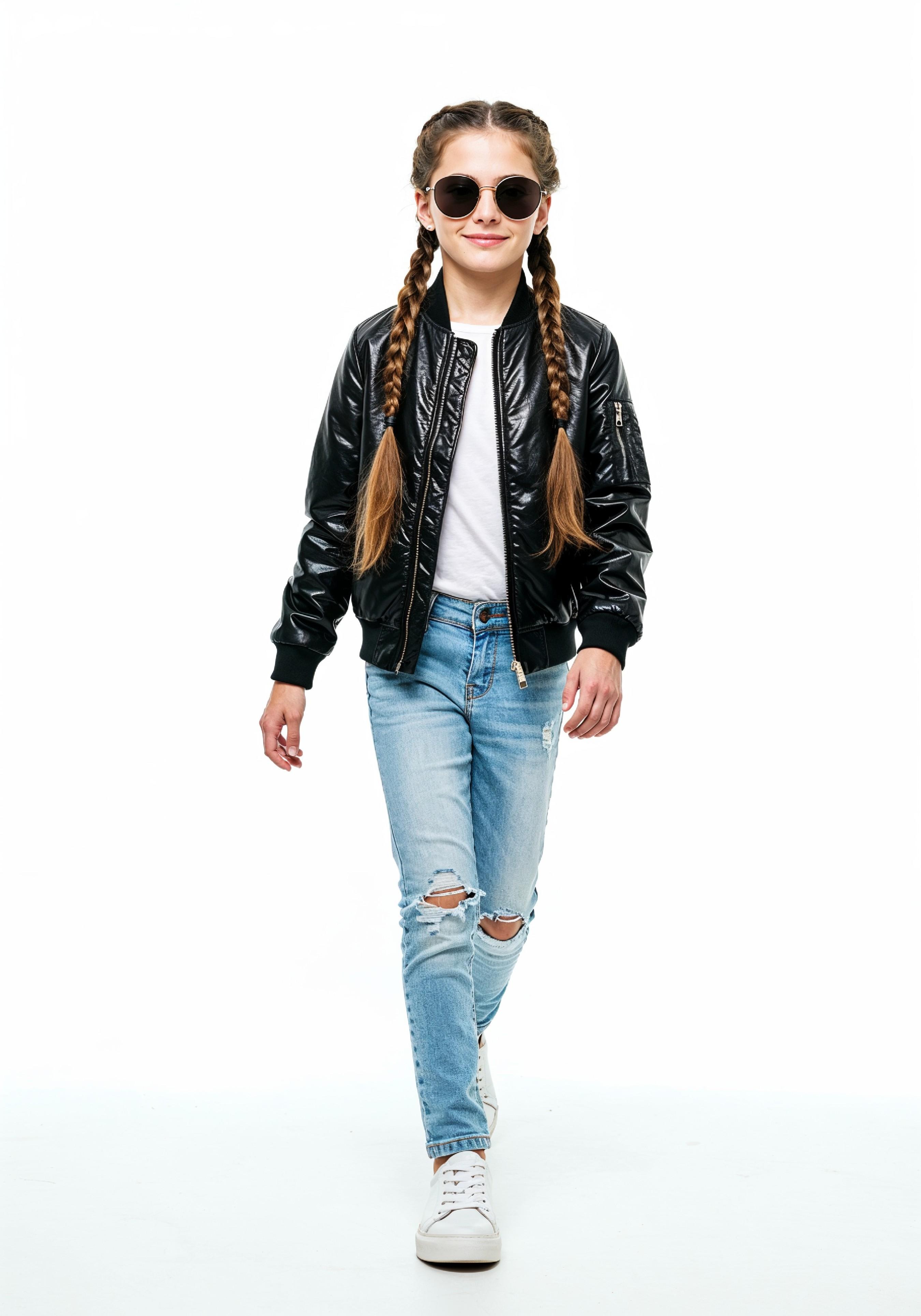 Adorable Young Girl in Denim Jacket and Sunglasses Posing on White Background Portrait