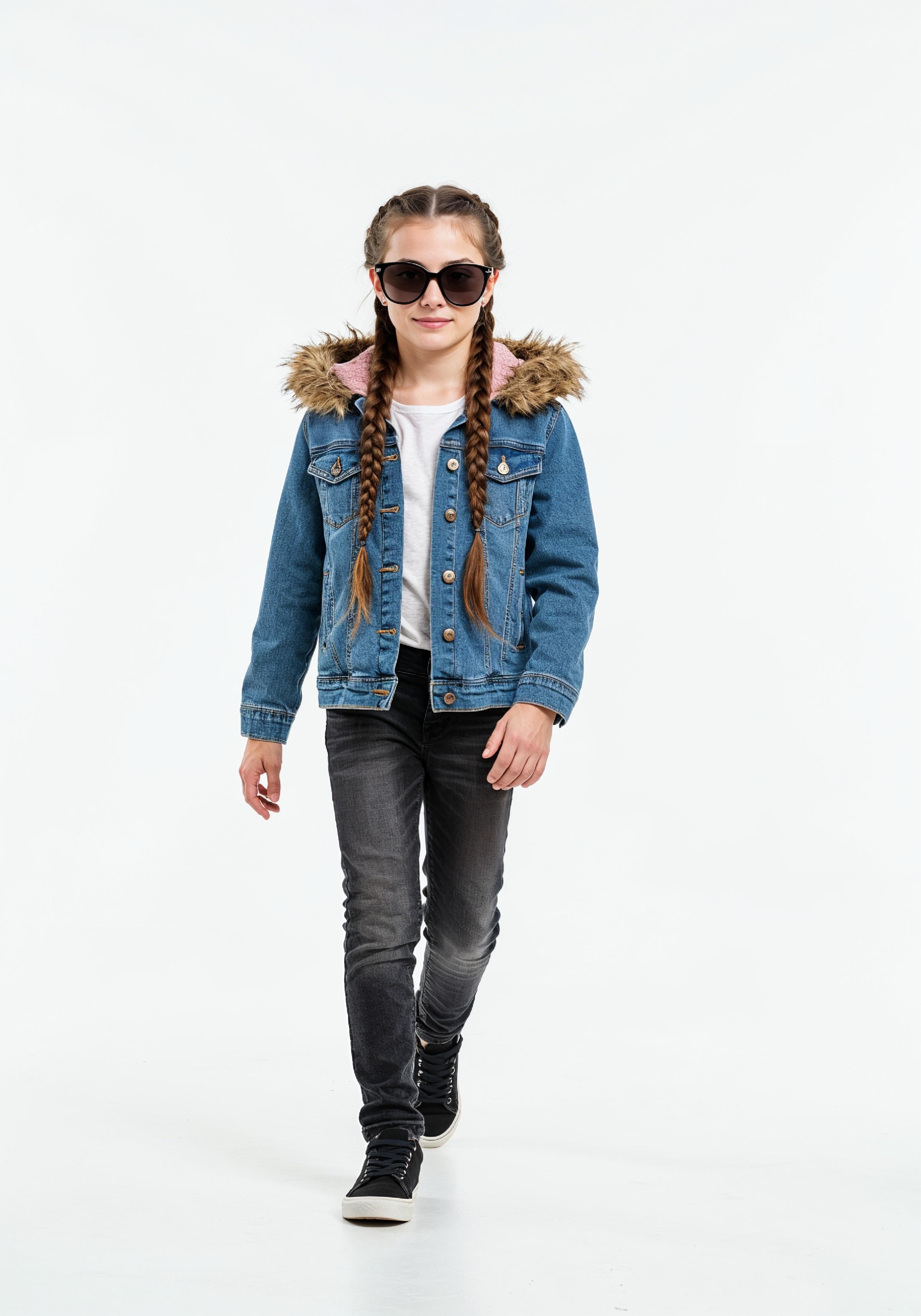 Adorable Young Girl in Denim Jacket and Sunglasses Posing on White Background Portrait