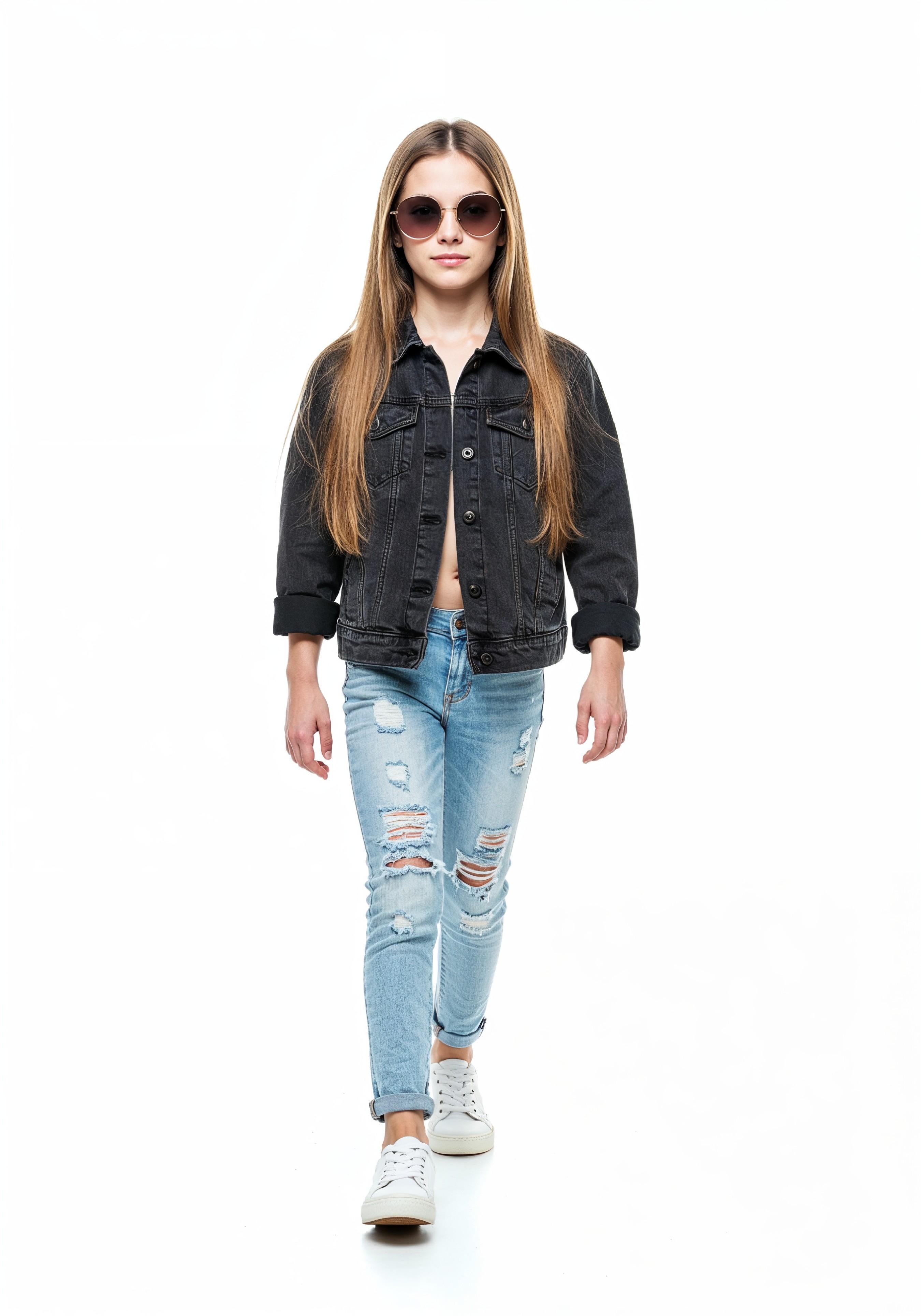 Adorable Young Girl in Denim Jacket and Sunglasses Posing on White Background Portrait