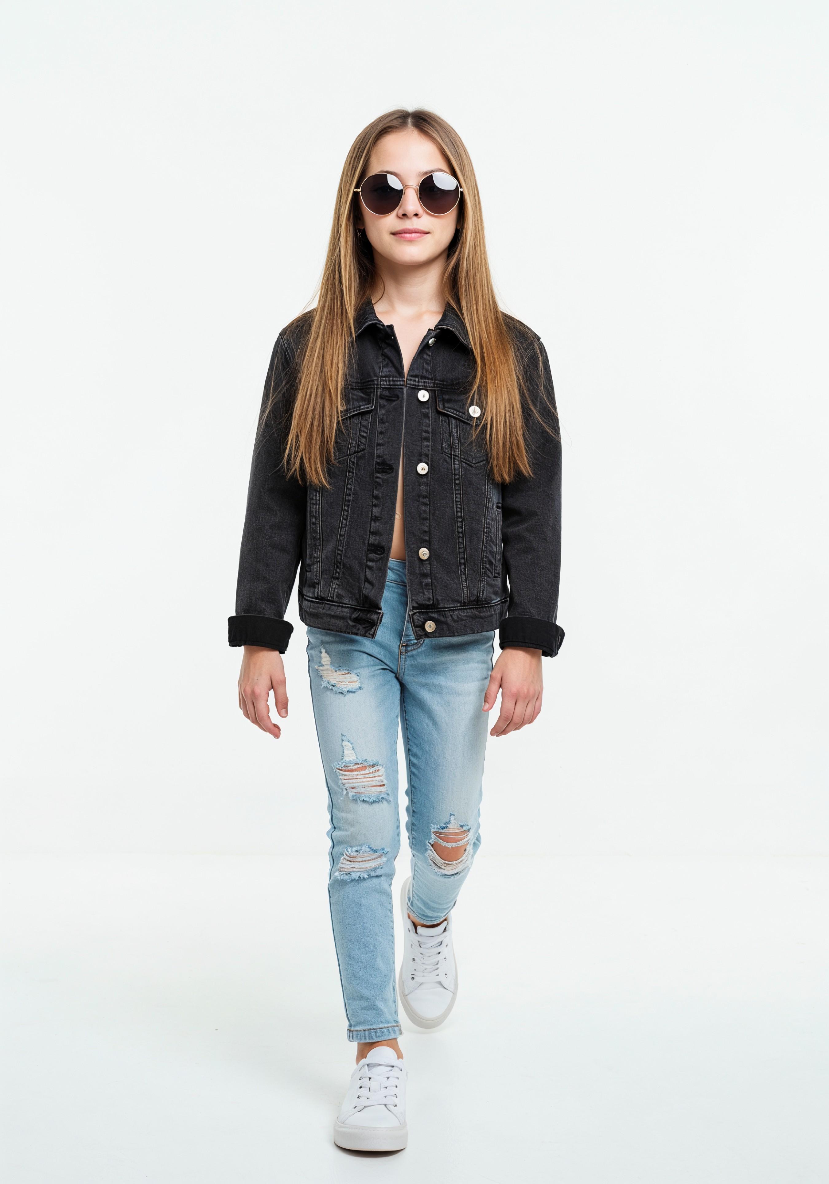 Adorable Young Girl in Denim Jacket and Sunglasses Posing on White Background Portrait