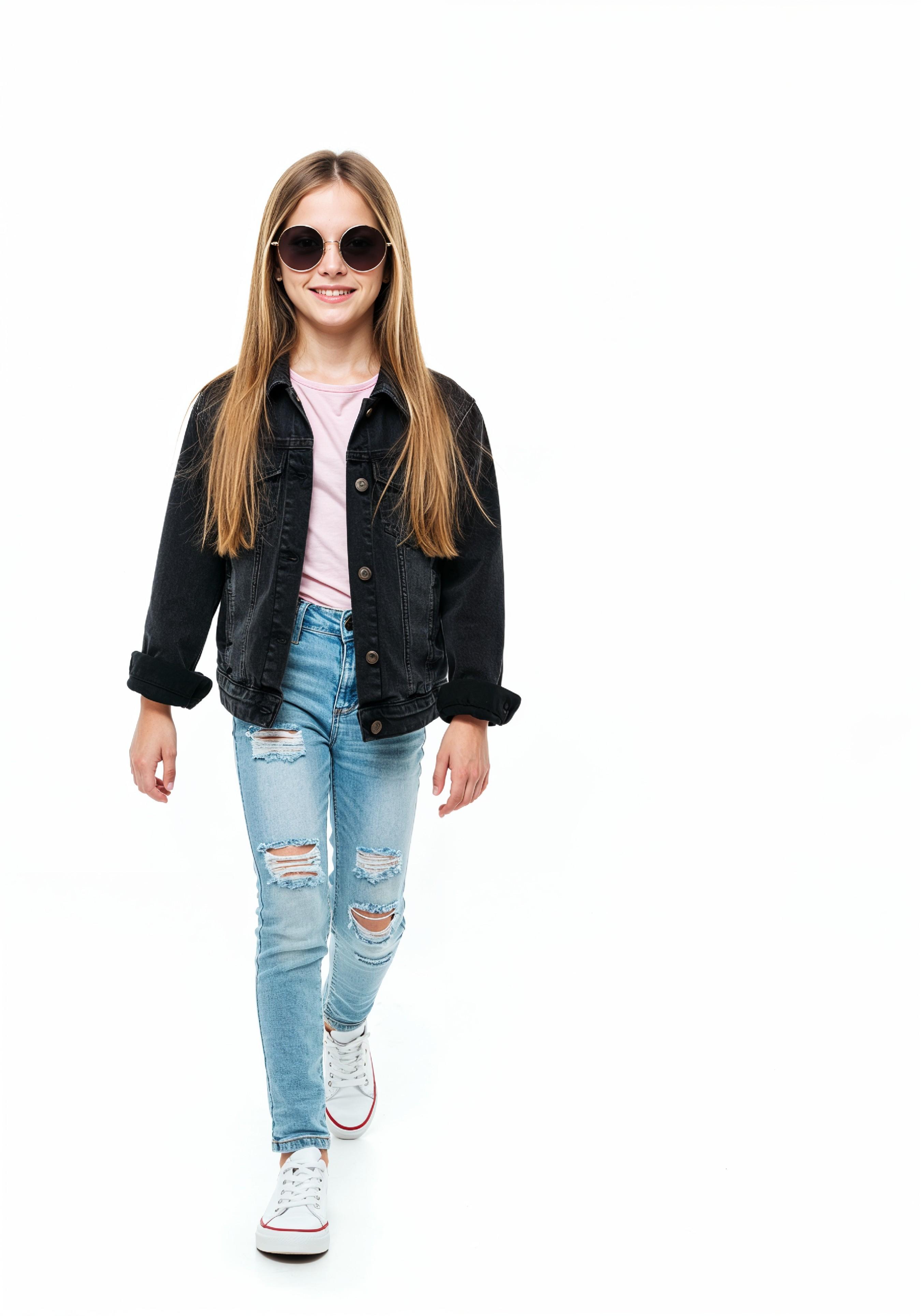 Adorable Young Girl in Denim Jacket and Sunglasses Posing on White Background Portrait