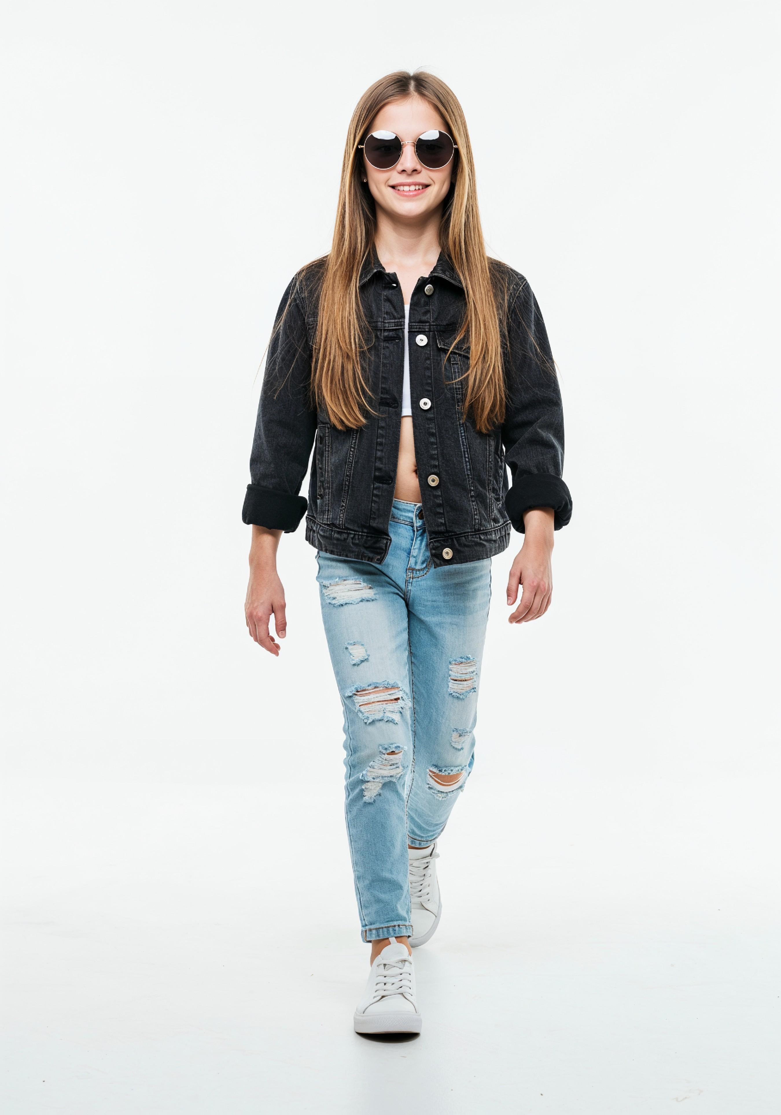 Adorable Young Girl in Denim Jacket and Sunglasses Posing on White Background Portrait