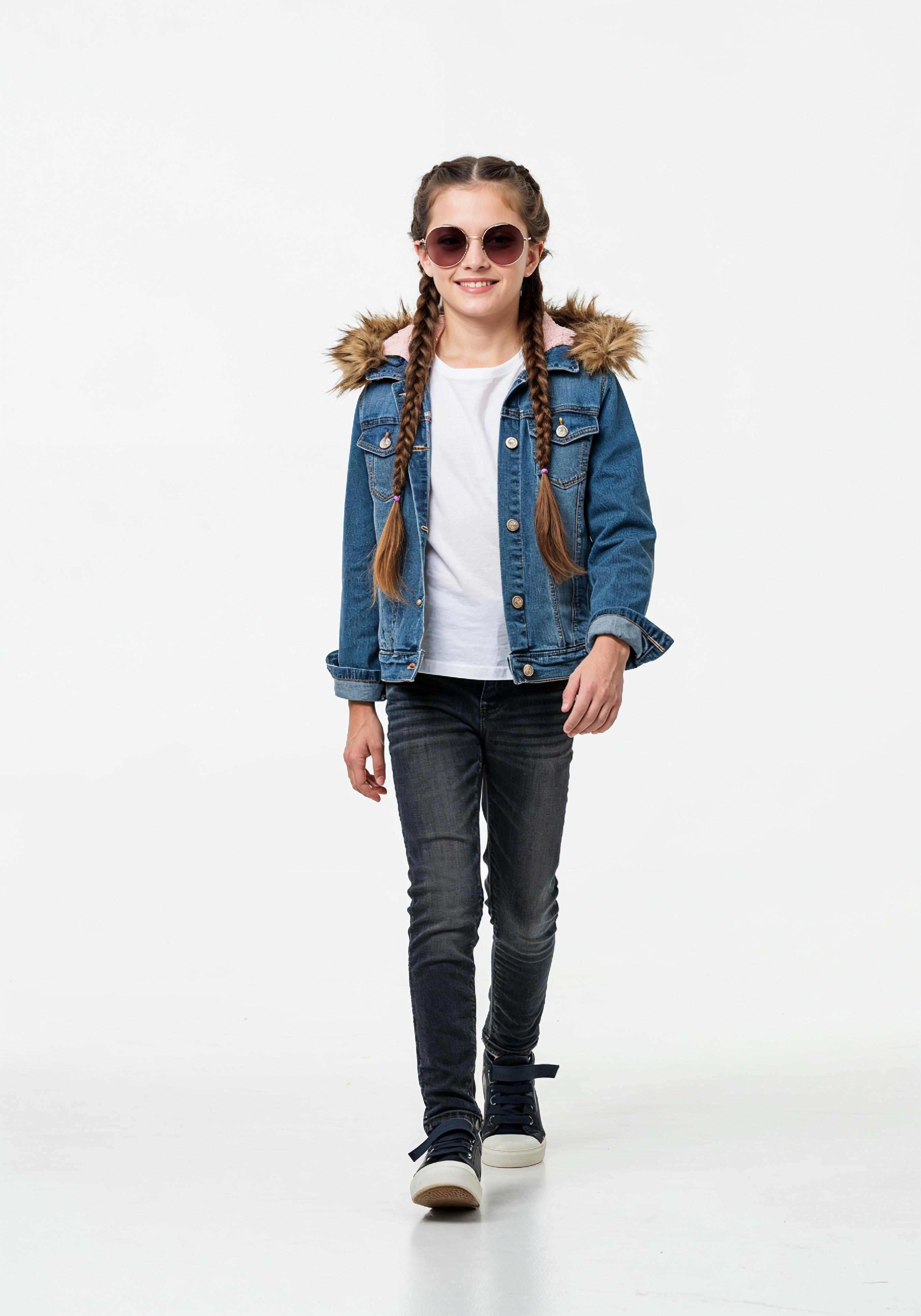 Adorable Young Girl in Denim Jacket and Sunglasses Posing on White Background Portrait