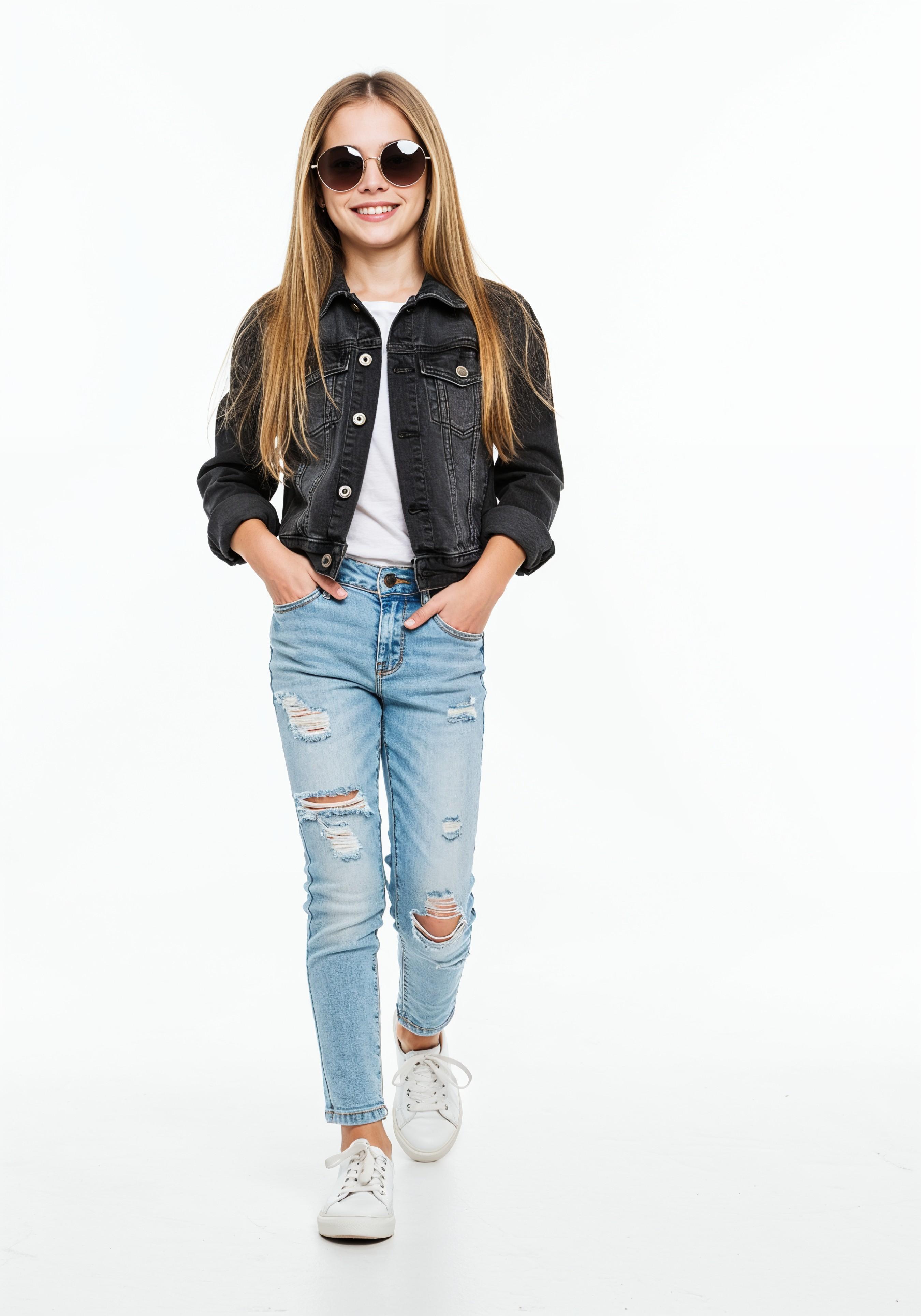 Adorable Young Girl in Denim Jacket and Sunglasses Posing on White Background Portrait