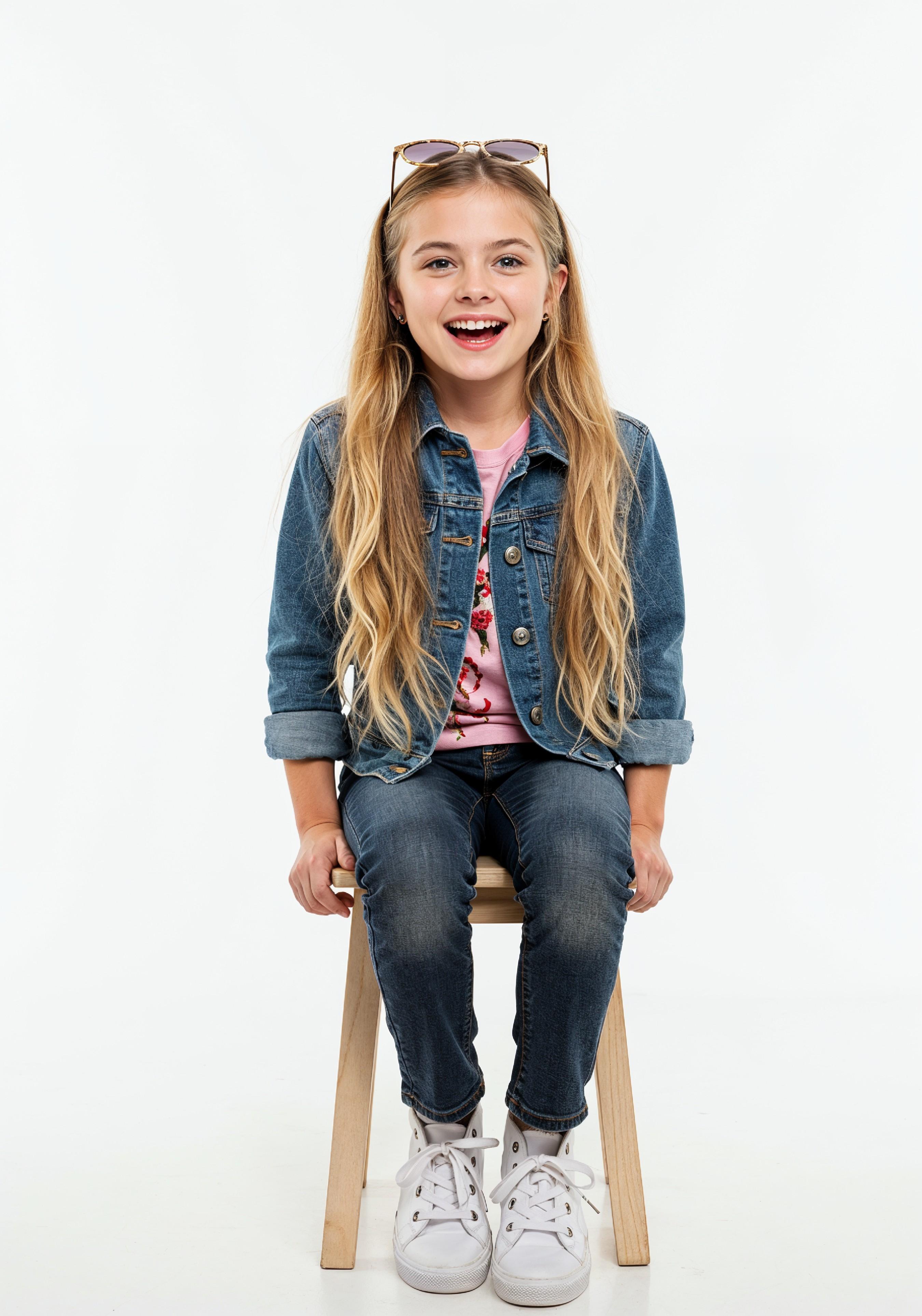 Adorable Young Girl in Denim Jacket and Sunglasses Posing on White Background Portrait