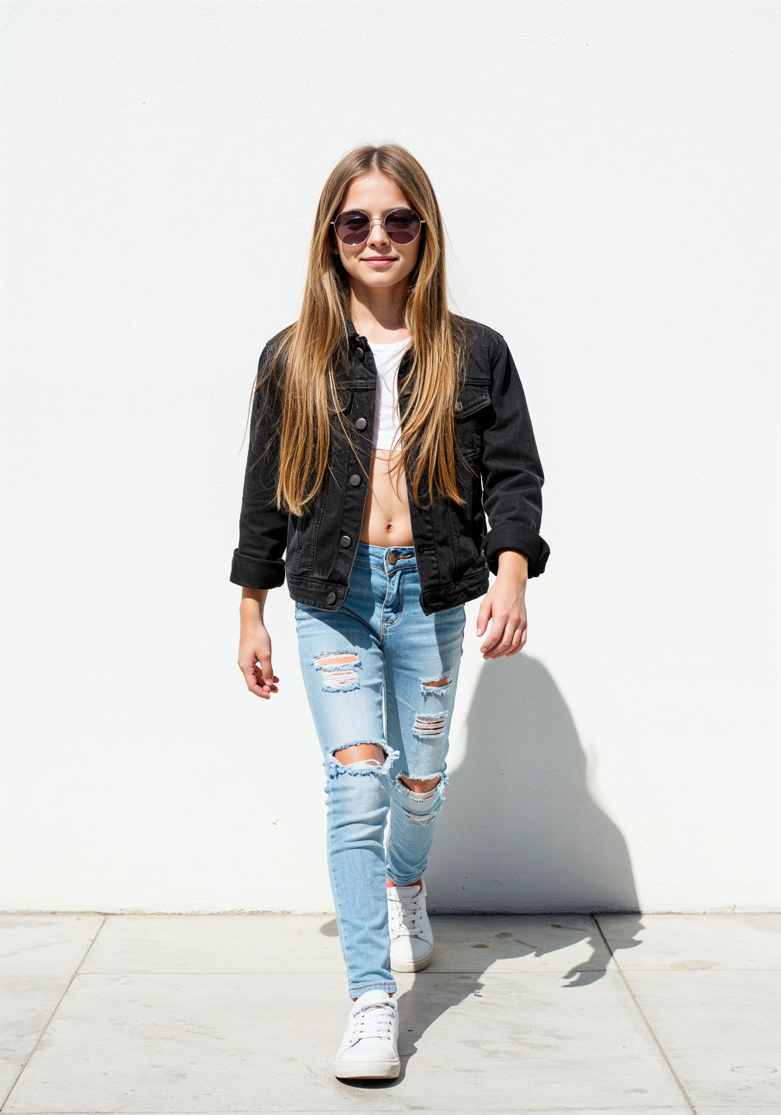 Adorable Young Girl in Denim Jacket and Sunglasses Posing on White Background Portrait