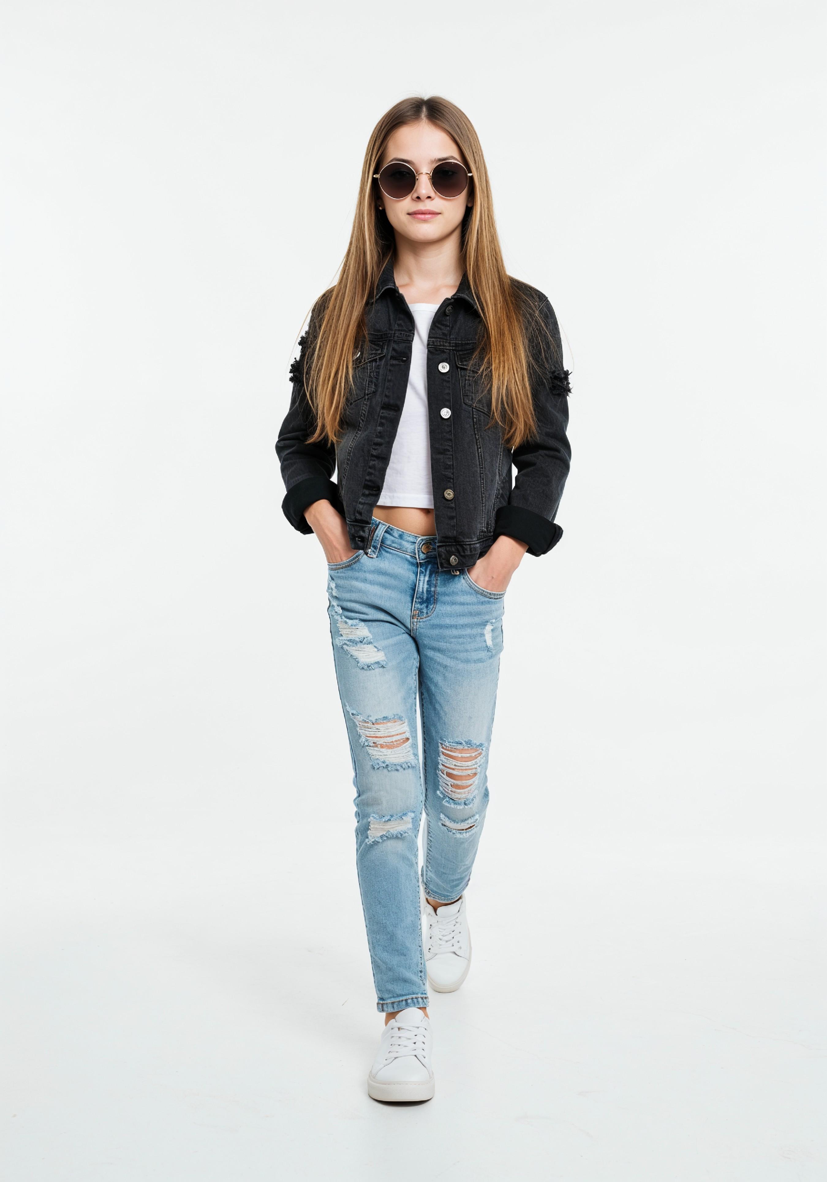 Adorable Young Girl in Denim Jacket and Sunglasses Posing on White Background Portrait