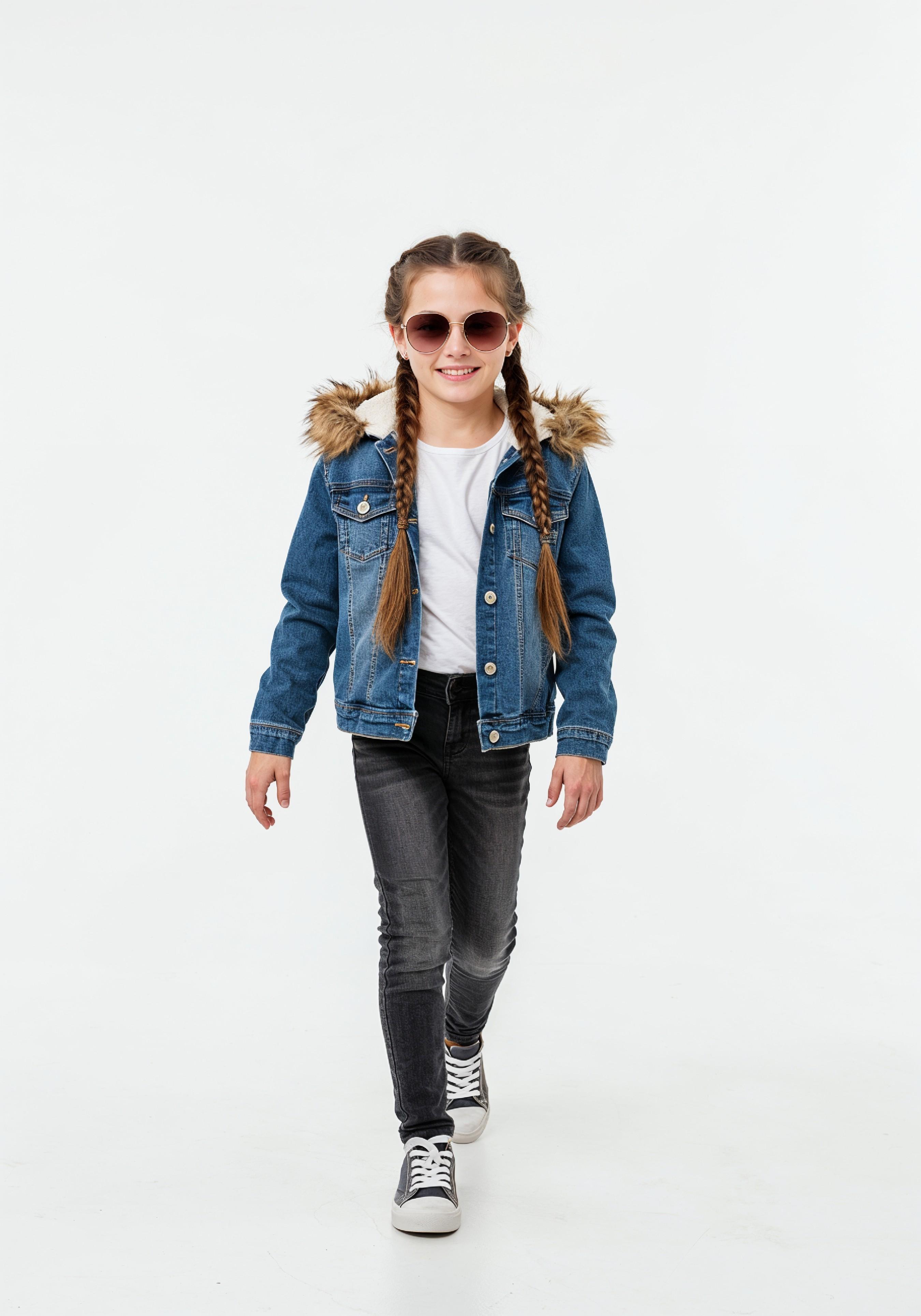 Adorable Young Girl in Denim Jacket and Sunglasses Posing on White Background Portrait