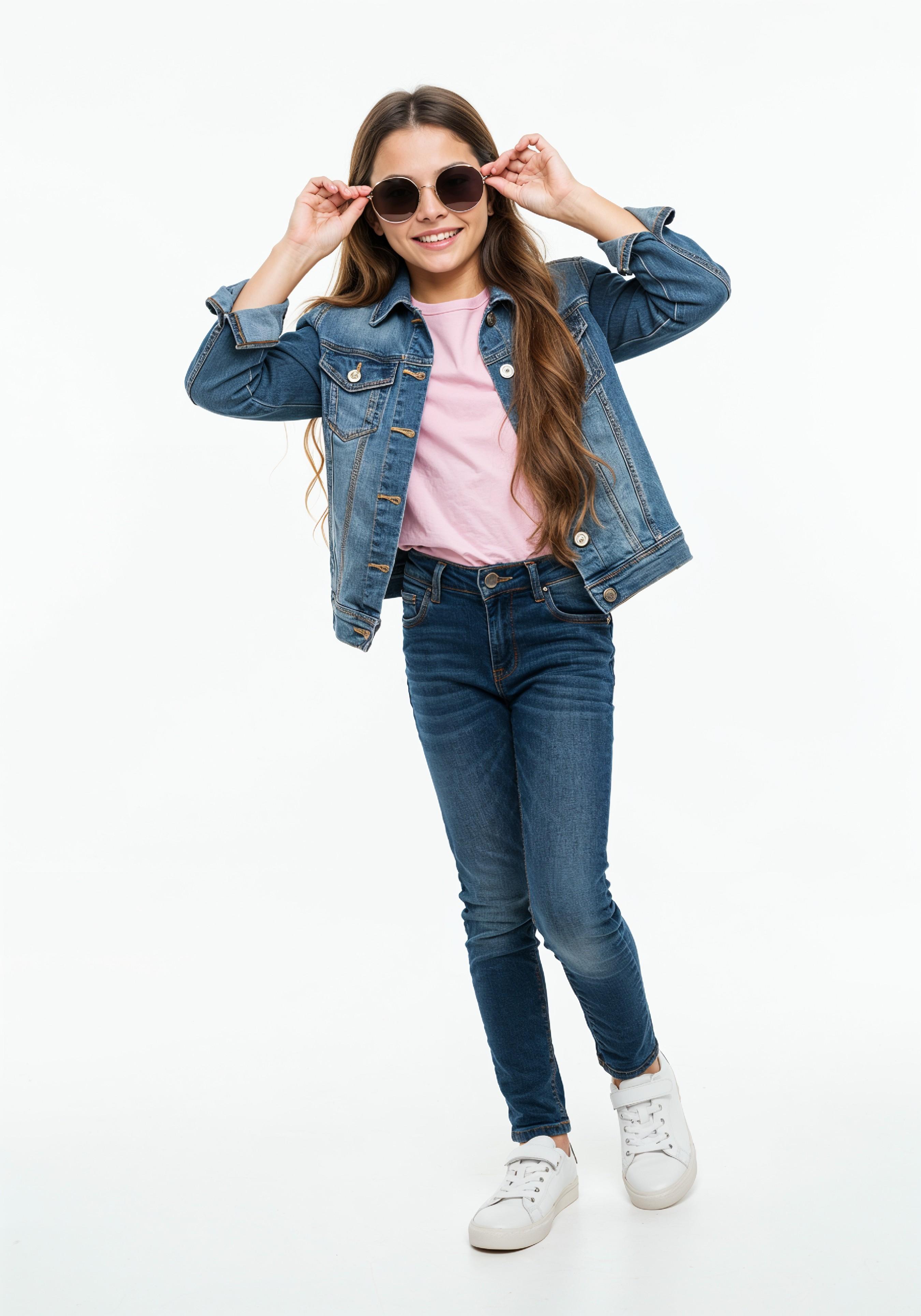 Adorable Young Girl in Denim Jacket and Sunglasses Posing on White Background Portrait