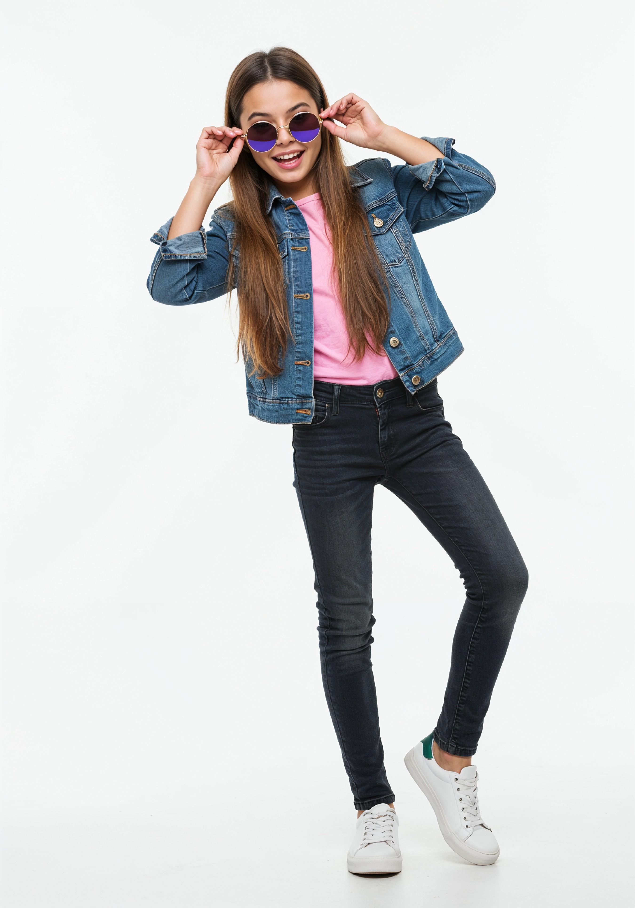 Adorable Young Girl in Denim Jacket and Sunglasses Posing on White Background Portrait